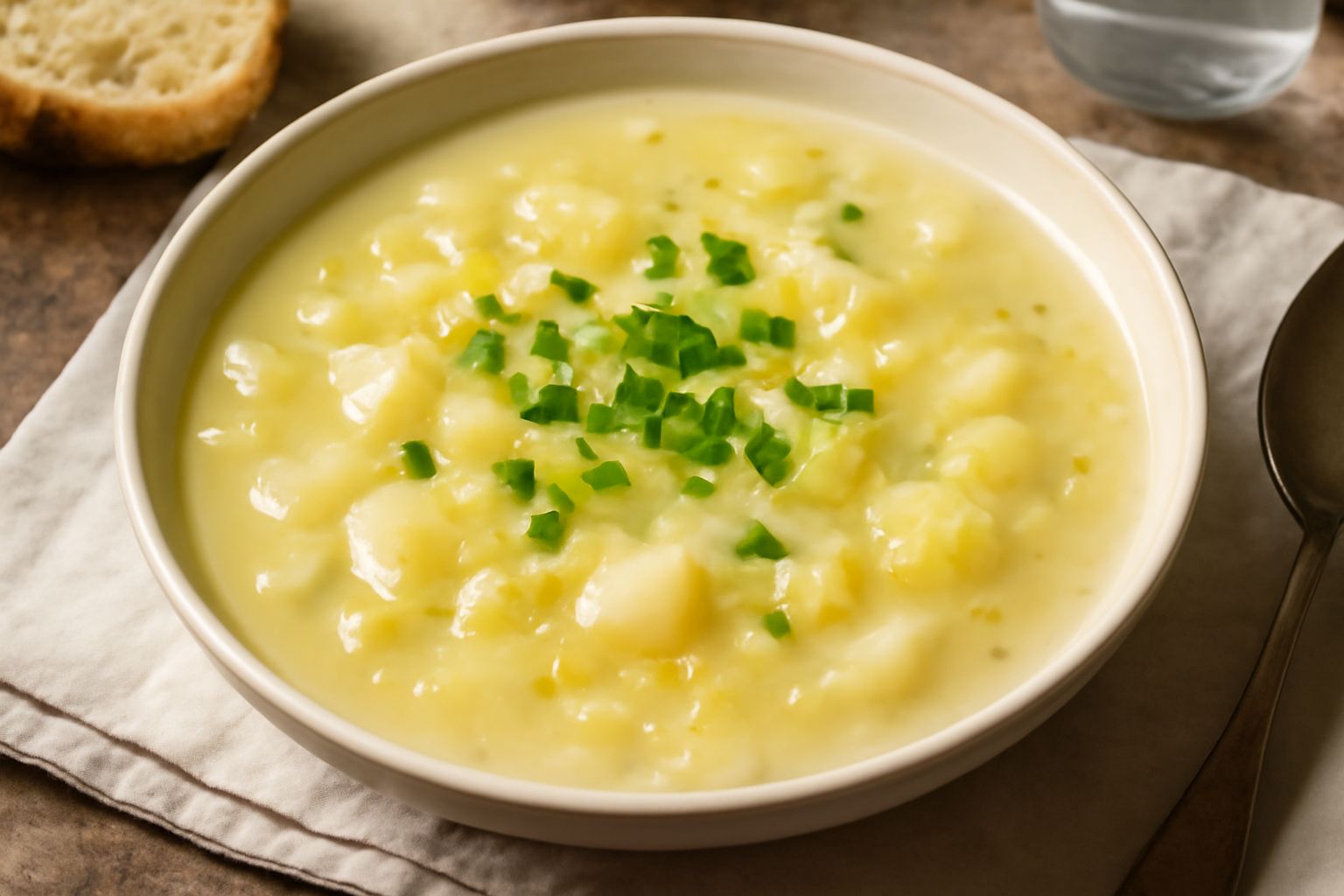 Zuppa di porri in ciotola bianca con pezzi di porro bianco e pallido visibili nel brodo traslucido color avorio, fiamma di porro verde scuro sbriciolata in superficie, cucchiaio d'acciaio appoggiato a