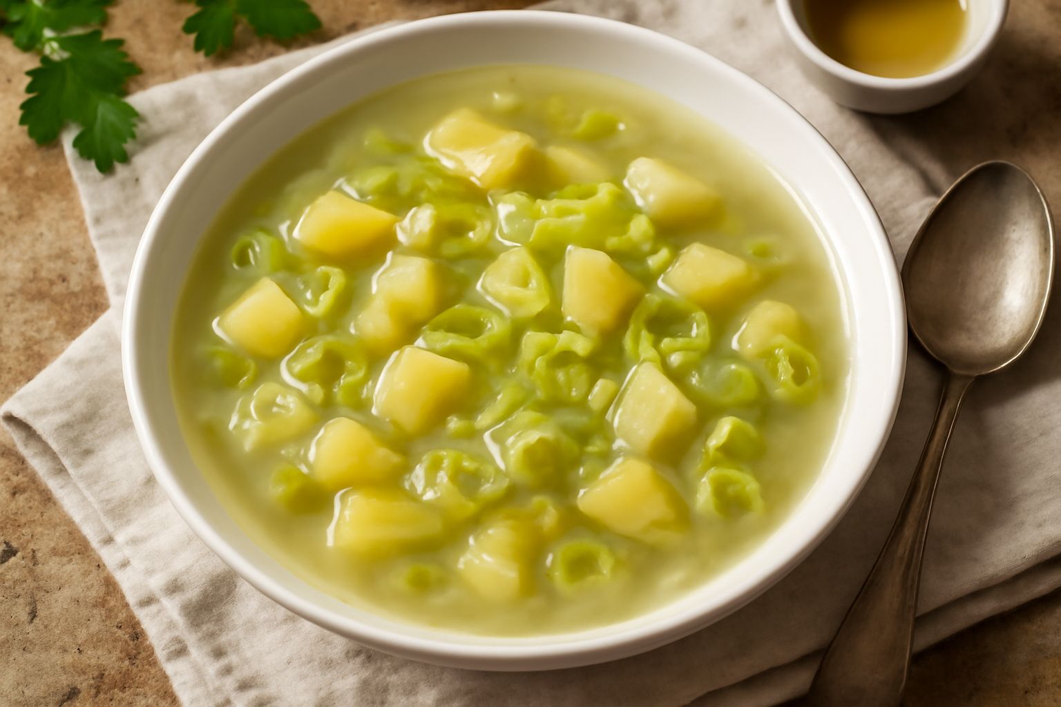 Zuppa di porri e patate in ciotola di ceramica bianca, con patate morbide e porri tagliati a rondelle color crema e verde chiaro, servita su tavolo di legno con pane tostato accanto