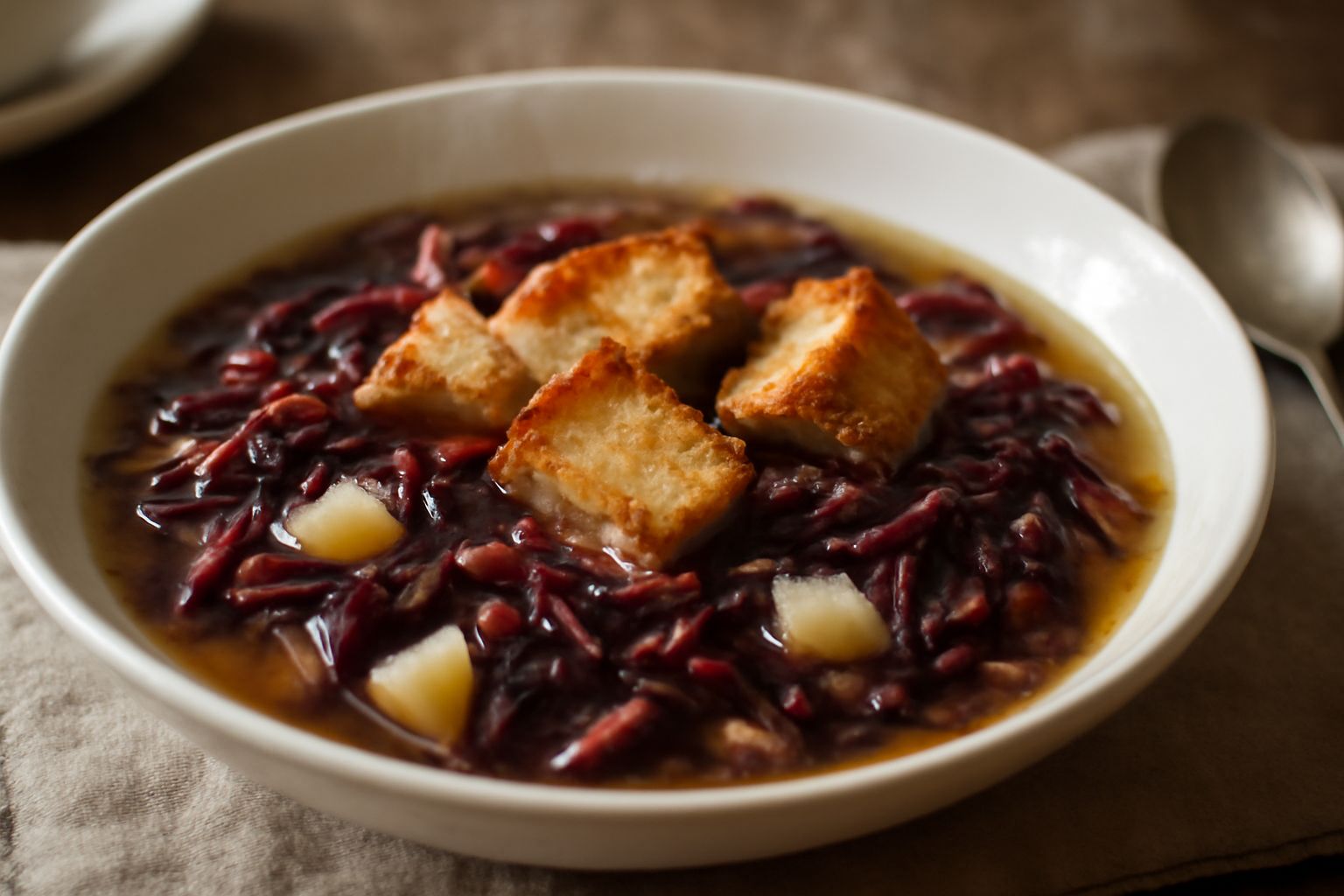 Ciotola di ceramica bianca con zuppa di radicchio rosso scuro, patate dorate e fette di pane tostato sparse in superficie, vapore che sale, cucchiaio di metallo dentro