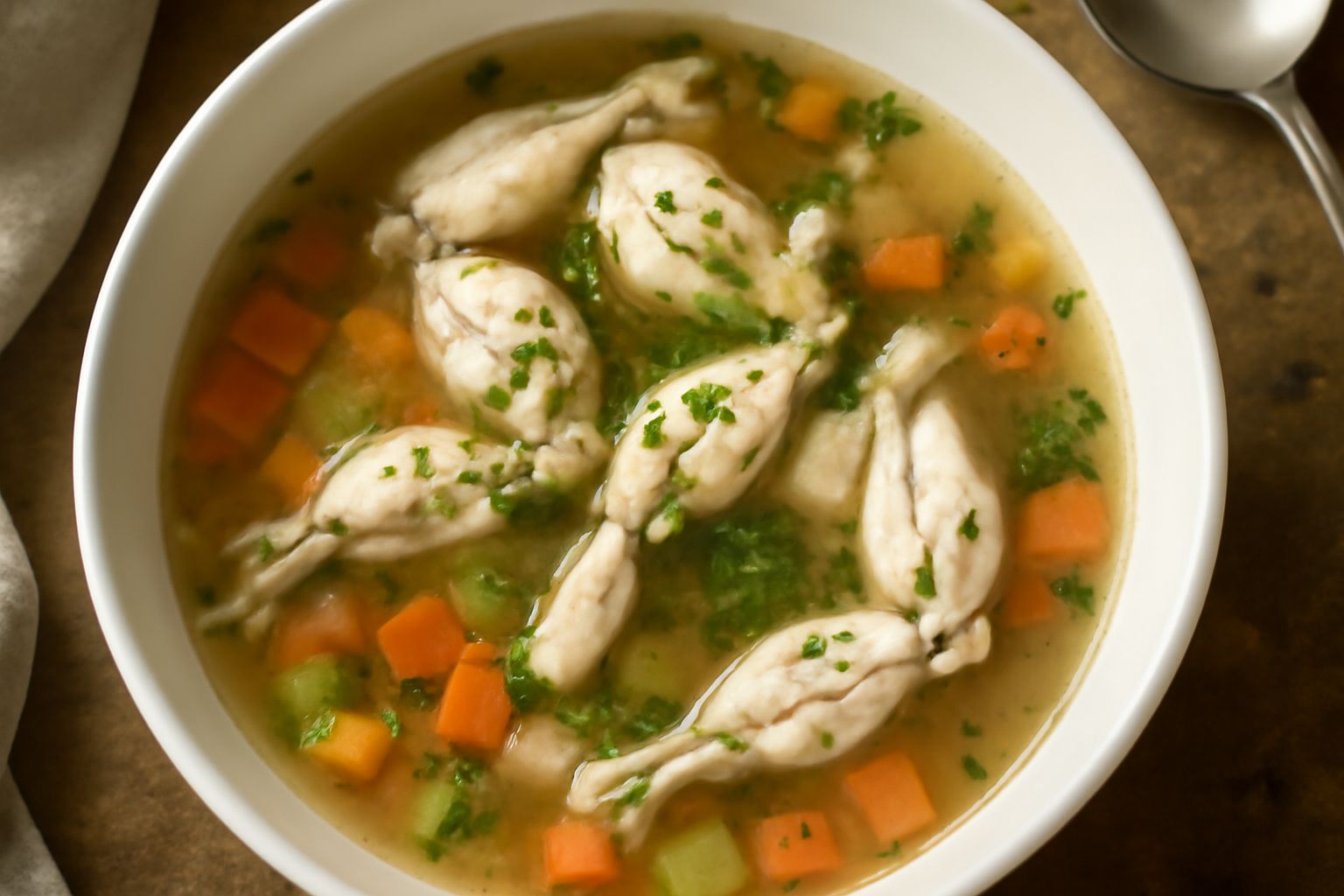 Zuppa di ranocchi in ciotola bianca con cosce di rana bollite, brodo trasparente, carote a dadini, sedano e prezzemolo fresco tritato in superficie