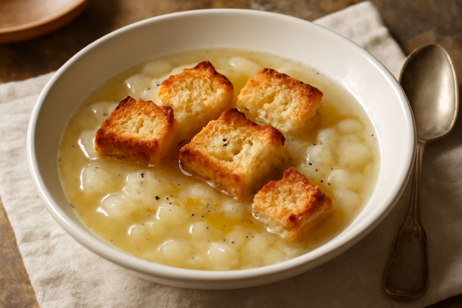 Zuppa di rapa in ciotola di ceramica bianca con rapa bianca cotta, pane tostato croccante galleggiante in brodo trasparente, filo di olio verde, cucchiaio di legno appoggiato sul bordo