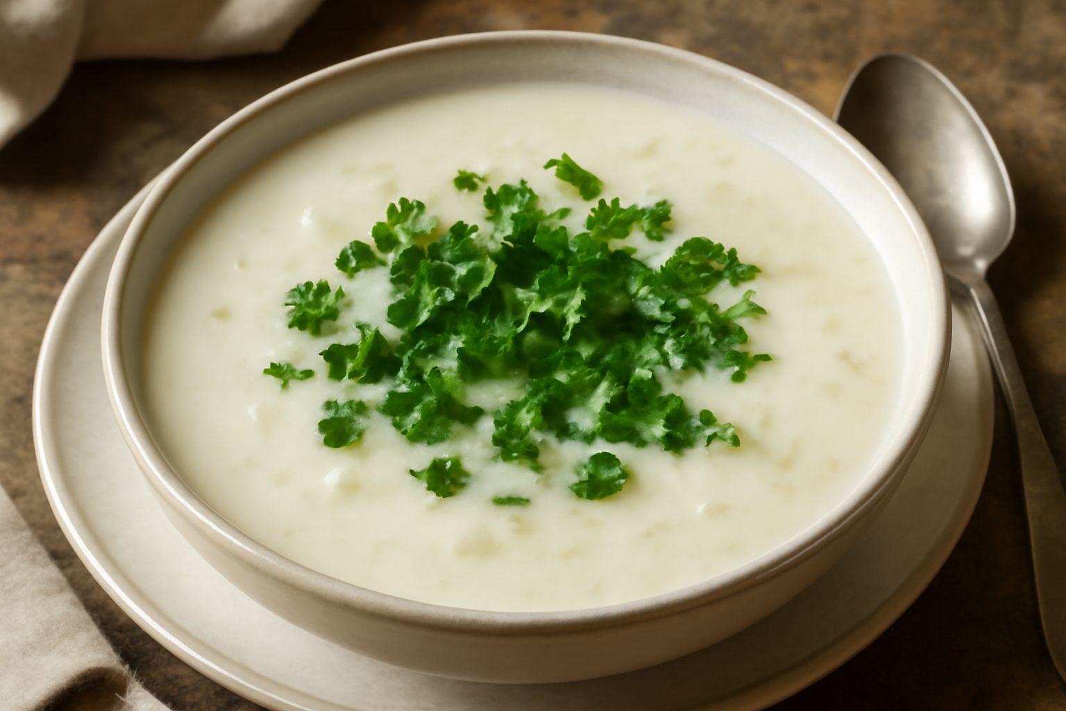 Zuppa di rape cremosa servita in una ciotola bianca, con un colore bianco latteo, pezzetti di rapa visibili, guarnita di prezzemolo fresco verde e un filo di olio d'oliva in superficie