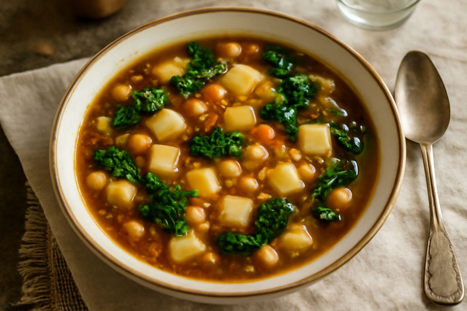Ciotola di zuppa densa con rape tagliate a cubetti, fagioli rossi, ceci gialli e lenticchie rosse in brodo trasparente. Rape crude a fettine sottili galleggiano in superficie. Piatto bianco con contor