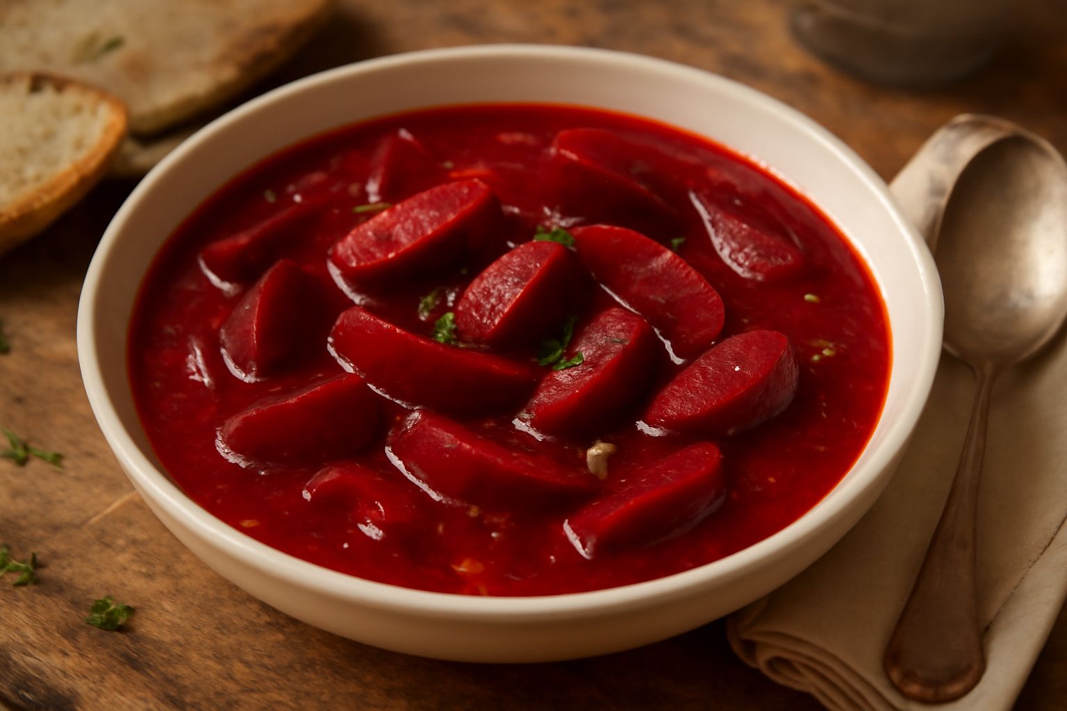 Una ciotola di ceramica bianca con zuppa di rape rosse dal colore rosso vinaccia intenso, con fettine sottili di rape visibili, qualche goccia di olio d'oliva in superficie e una manciata di semi di z