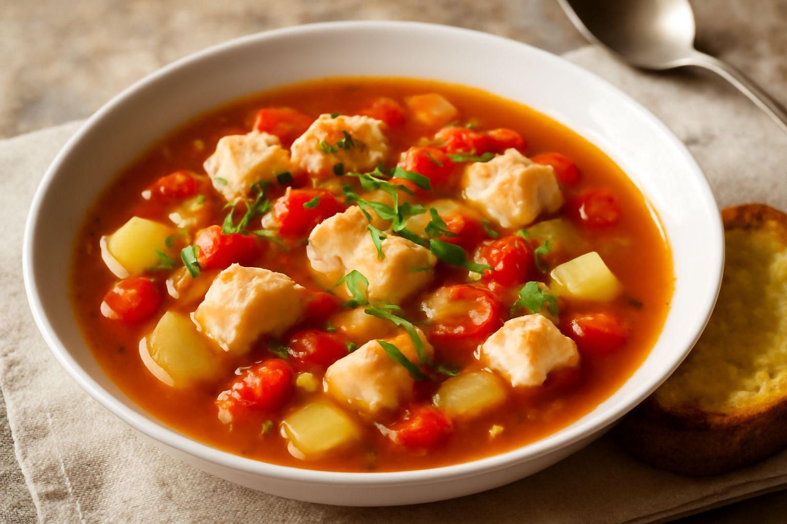 Una ciotola bianca di zuppa di rascasse con brodo ambrato, pezzi di pesce bianco, pomodori rossi, sedano e patate, guarnita con prezzemolo fresco e fette di pane tostato accanto