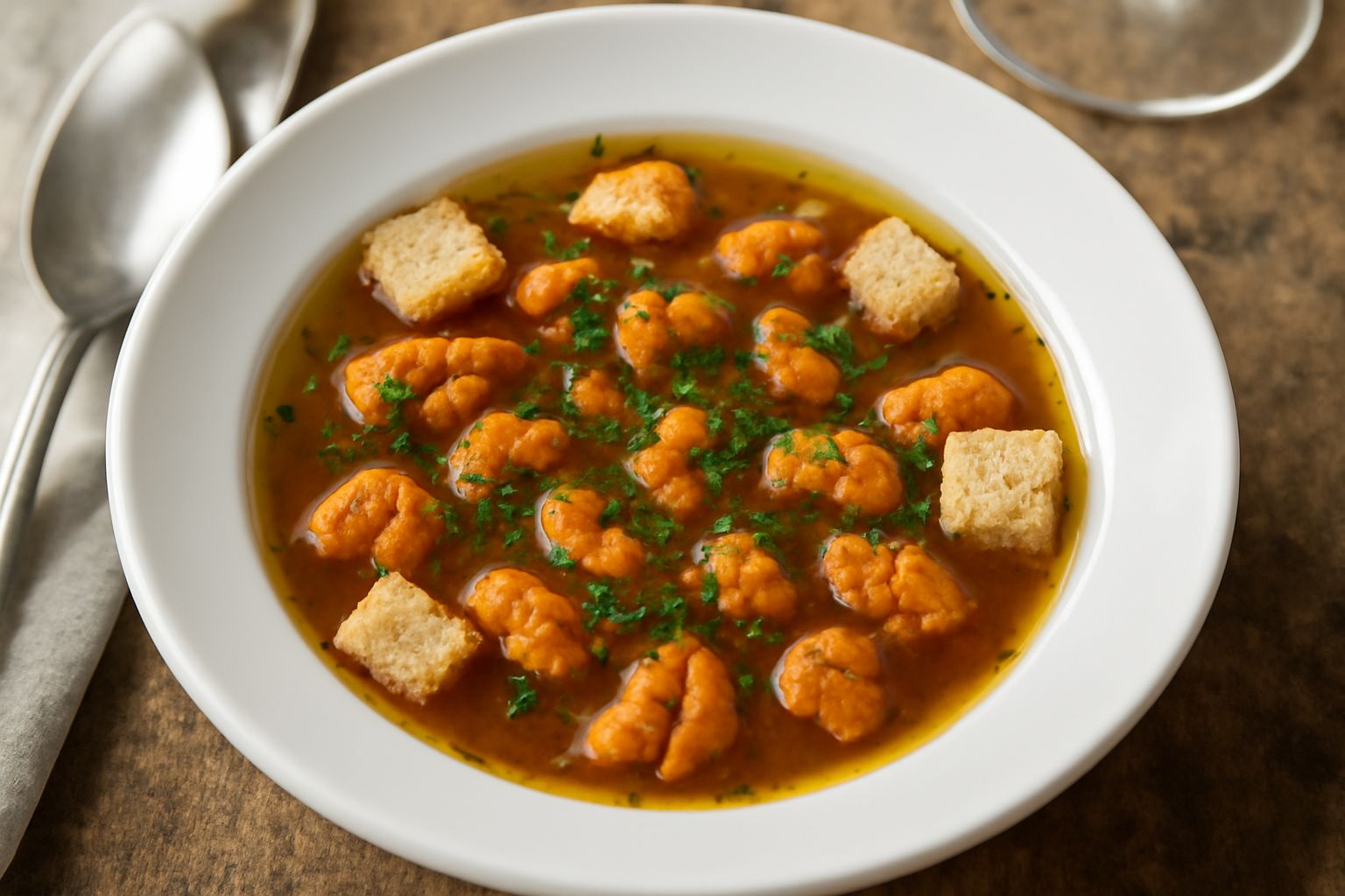 Ciotola di ceramica bianca con zuppa di ricci di mare: brodo trasparente color ambra, coralli arancioni dei ricci in superficie, pezzetti di pane tostato ai bordi, prezzemolo verde tritato, filo di ol