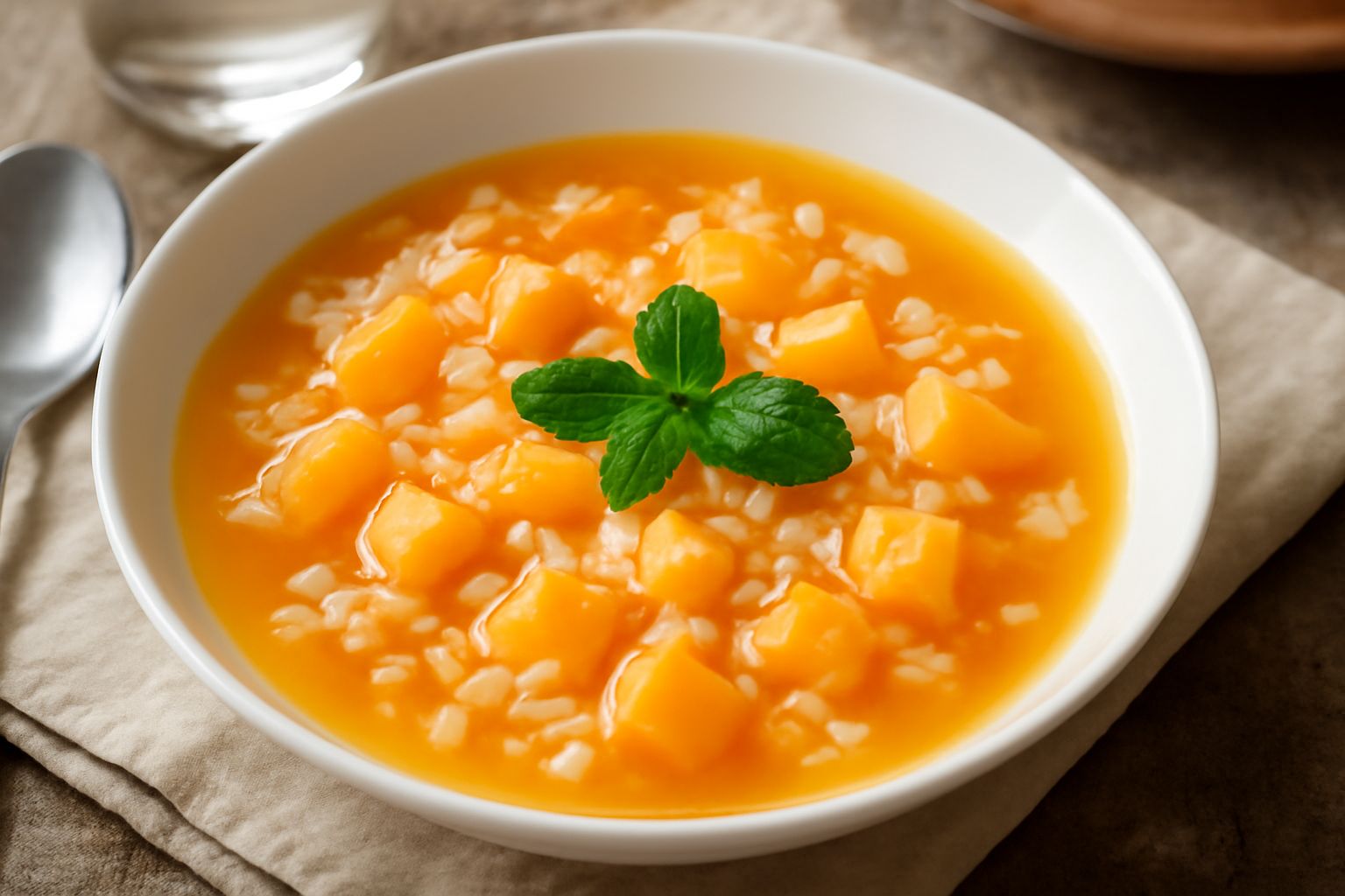 Una ciotola bianca con zuppa di riso e melone: cubetti di melone arancione e giallo galleggiano in brodo trasparente con chicchi di riso bianco, foglia di menta fresca sulla superficie
