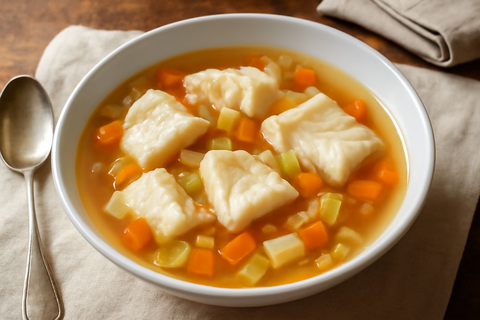 Una ciotola di ceramica bianca con zuppa di pesce: brodo trasparente ambrato, pezzi di rombo bianco opaco, dadini di carota arancione, fette di porro bianche, prezzemolo verde sopra, servita con un cu