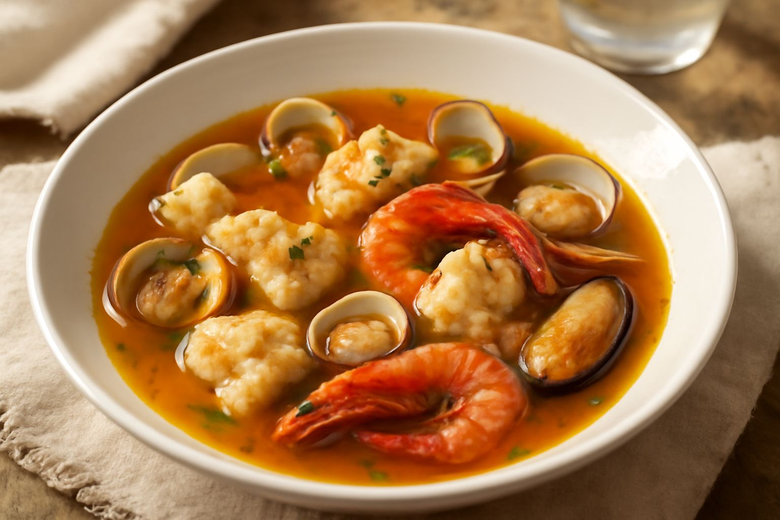 Zuppa di rospo in ciotola di ceramica bianca: brodo trasparente ambrato, pezzi di rana pescatrice bianca, vongole con guscio aperto, gamberi rossi, prezzemolo fresco verde e fette di pane tostato sul 