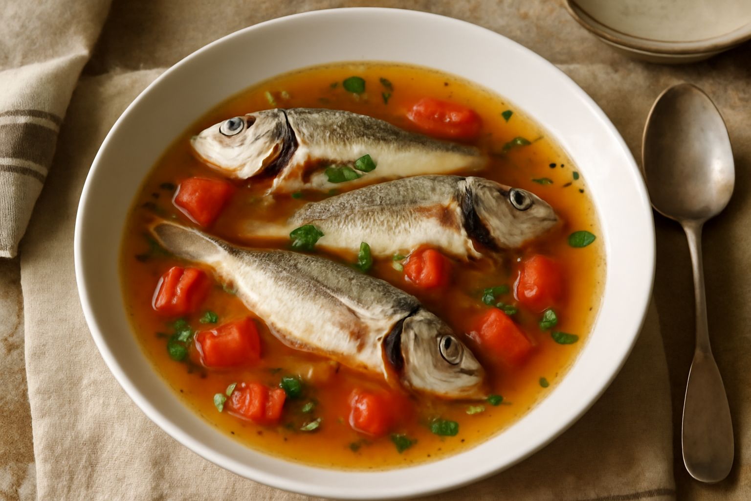 Zuppa di saraghi in ciotola bianca, saraghetti piccoli interi in brodo con pomodoro rosso, cipolla, aglio e prezzemolo fresco verde, servita con pane tostato ai bordi