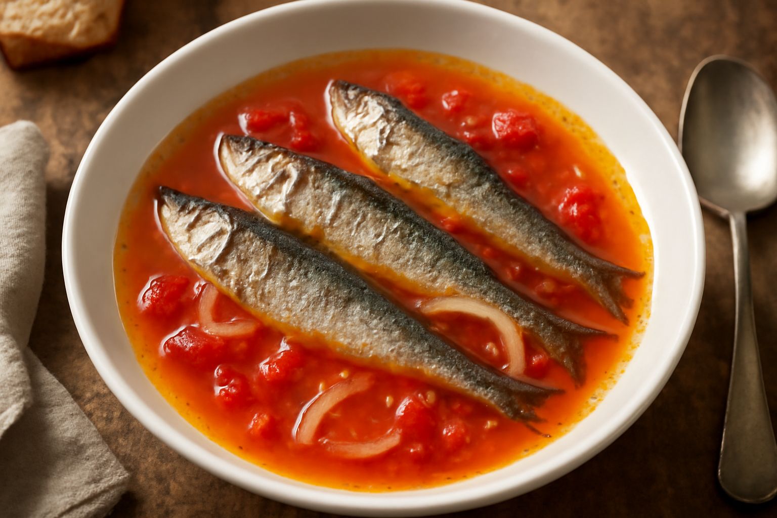 Zuppa di sarde in una ciotola di ceramica bianca: brodo rosso-arancio trasparente con sardine intere grigie, pomodori rossi disfatti, cipolla bianca, prezzemolo verde e un filo di olio d'oliva in supe