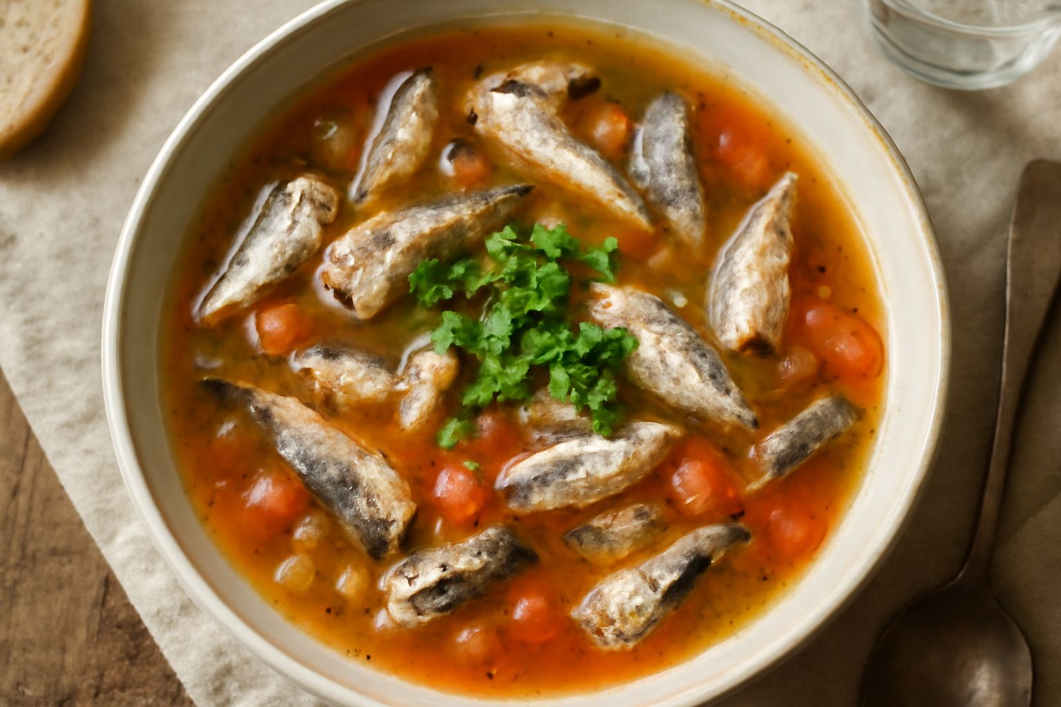 Zuppa di sardine in una ciotola di ceramica bianca, con sardine intere grigie in brodo fumante, accompagnate da verdure soffritte, prezzemolo fresco verde e fette di pane tostato sul bordo