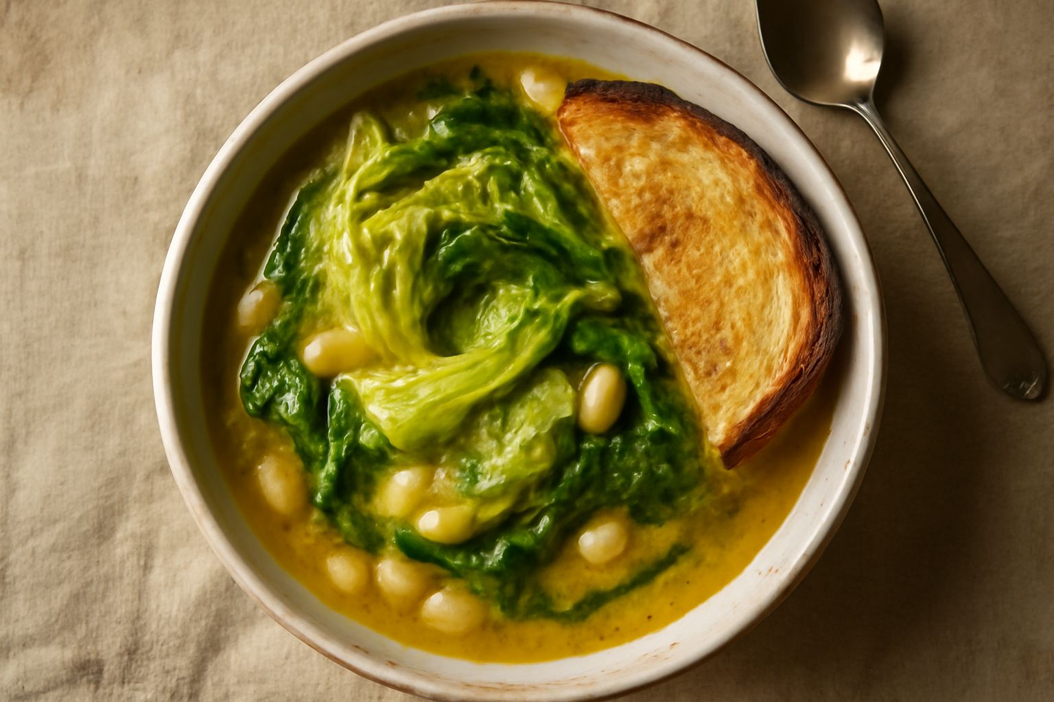 Zuppa di scarola e fagioli in ciotola bianca: brodo ambrato con scarola verde e fagioli bianchi visibili, filo di olio verde in superficie, pane tostato appoggiato al bordo