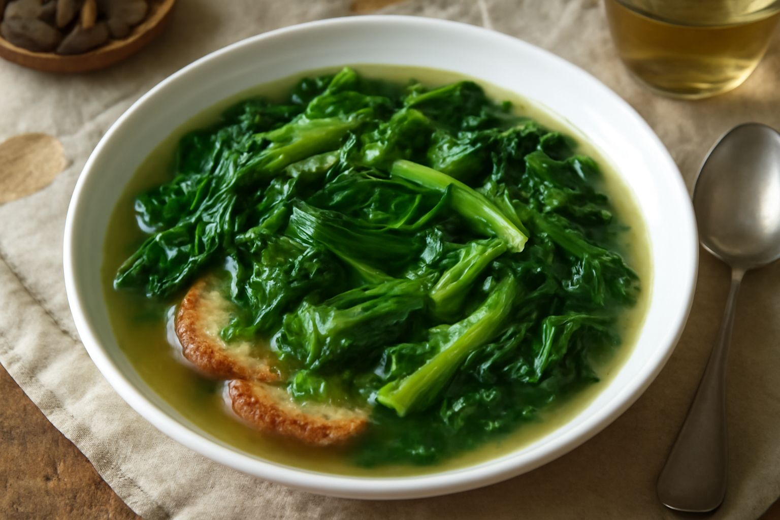 Zuppa di scarole in piatto bianco fondo: foglie verdi scure ammorbidite in brodo trasparente, pane integrale tostato ai bordi, gocce d'olio d'oliva dorato in superficie, cucchiaio di legno appoggiato 