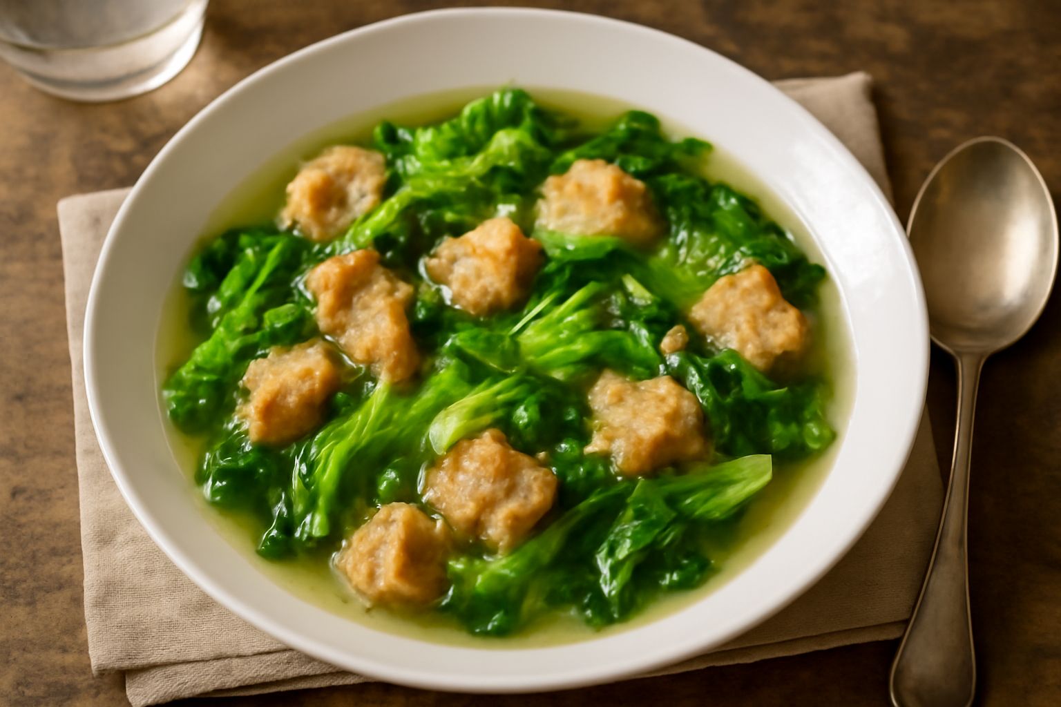 Zuppa di scarole e pane servita in una ciotola bianca, con visibili le foglie verdi delle scarole, pezzi di pane dorato, aglio affettato e un leggero velo di olio extravergine, contorno di brodaglia t