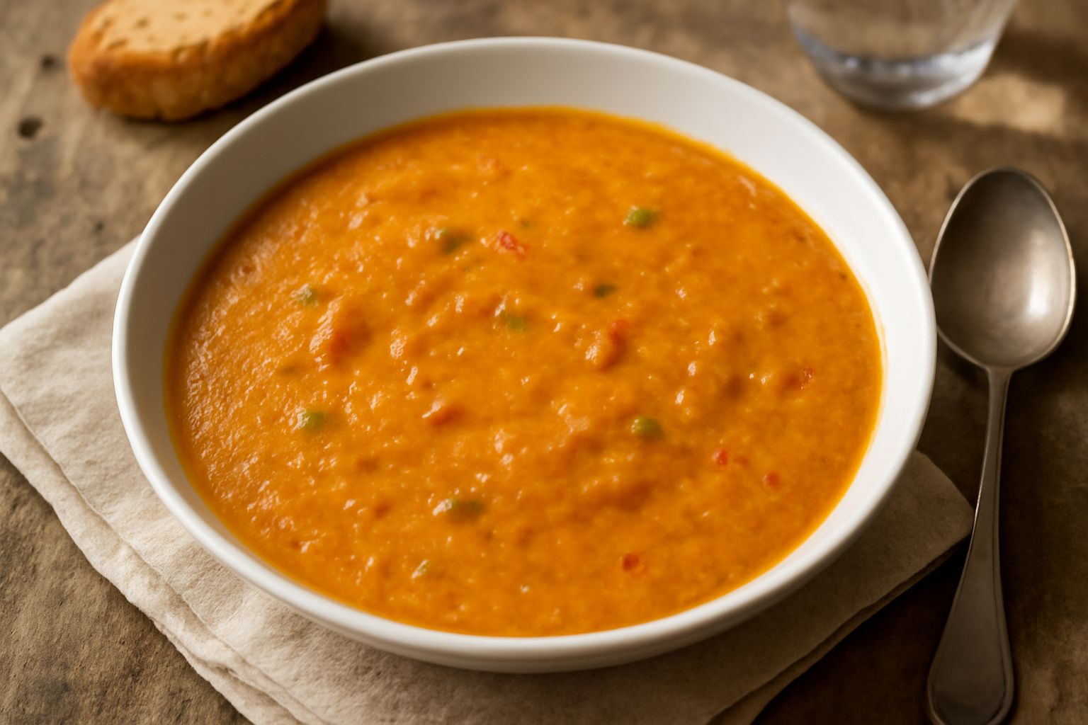 Zuppa di verdure in una ciotola bianca servita in primo piano, colore arancio pallido con pezzetti di verdure visibili, superficie cremosa leggermente irregolare, cucchiaio di legno immerso, sullo sfo