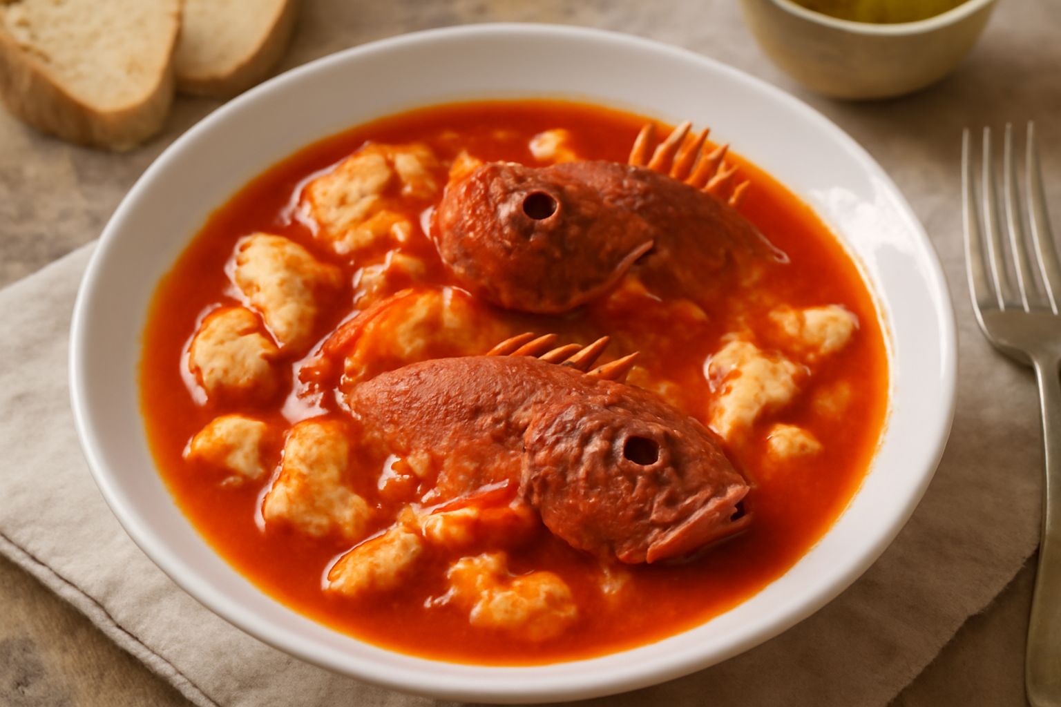 Zuppa di scorfani in ciotola bianca, brodo rosso con pomodoro, pezzi di pesce bianco intero e affettato, prezzemolo fresco verde in superficie, pane tostato ai bordi