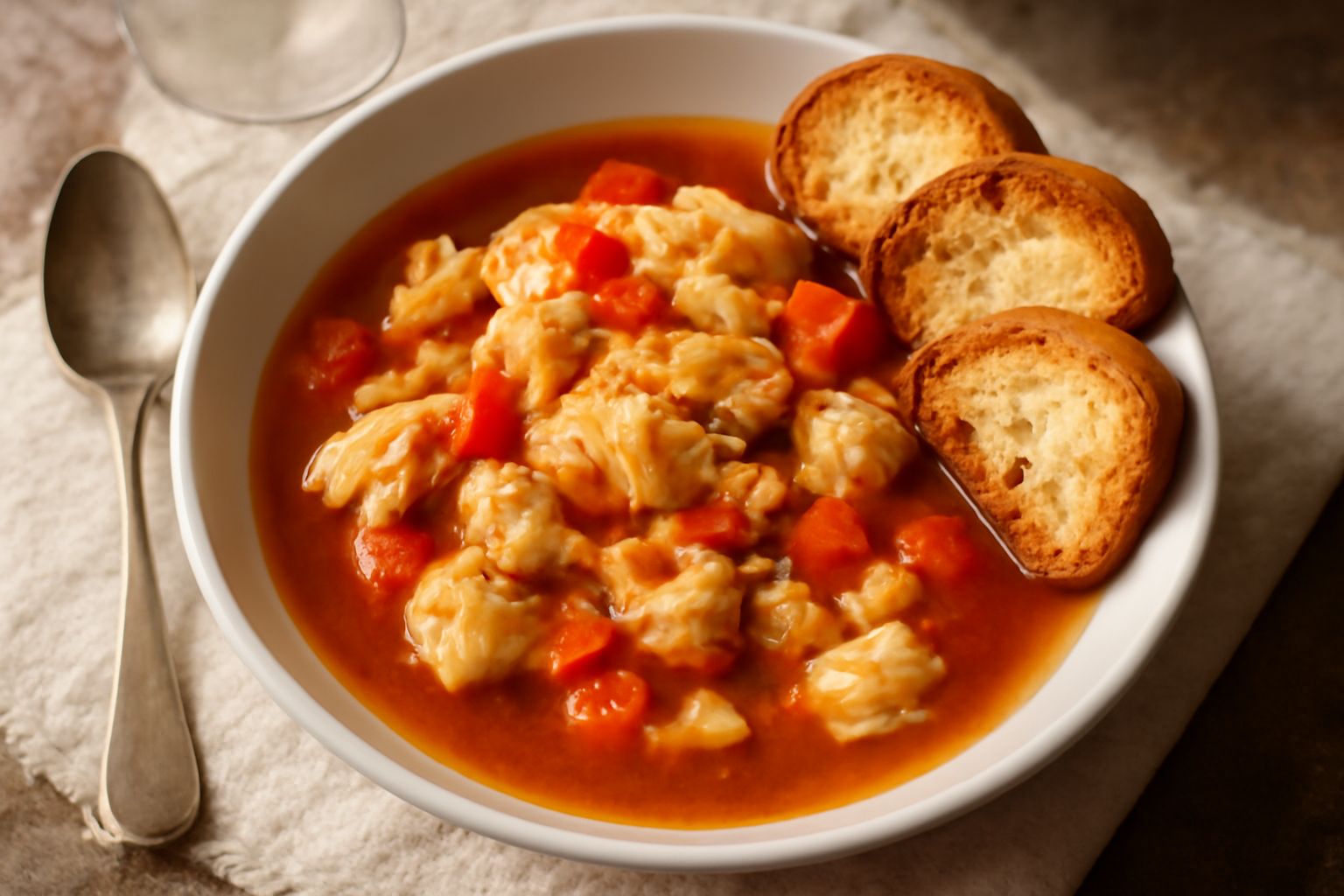 Ciotola bianca con zuppa di scorfano: brodo trasparente e ambrato, filetti di pesce bianco, pezzi di pomodoro rosso, fette di pane tostato adagiate sul bordo, prezzemolo fresco verde in superficie, va