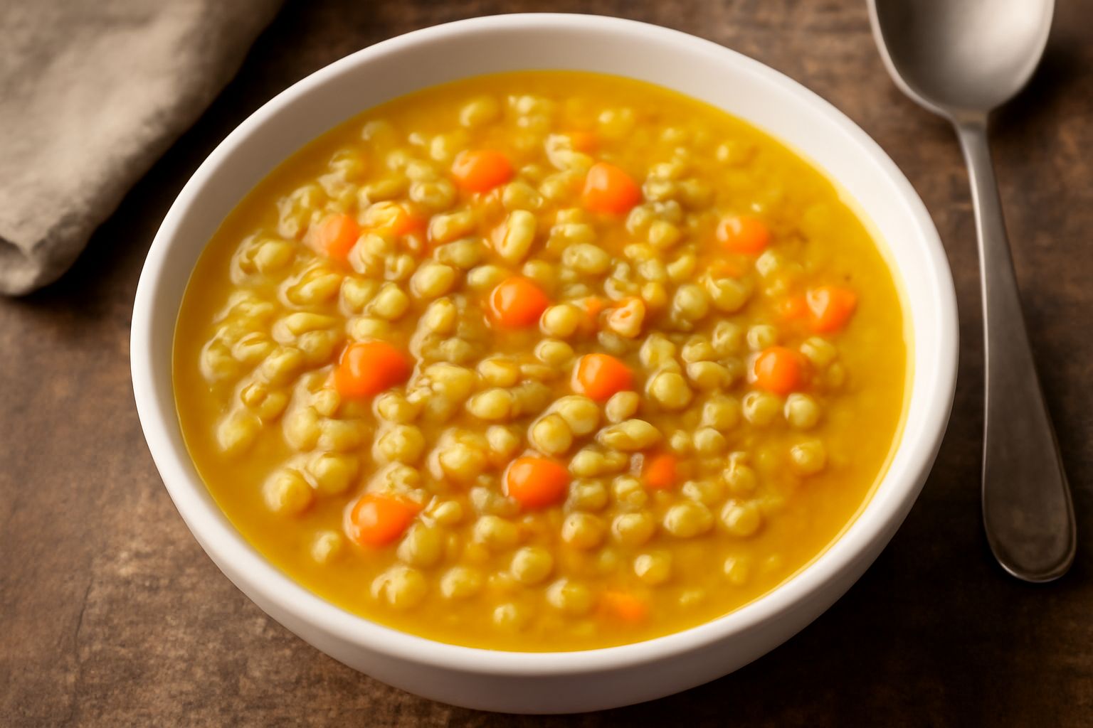 Una zuppa di segale color nocciola in una ciotola di ceramica bianca, con chicchi di segale visibili e ben ammorbiditi, verdure tagliate a dadini (carota, sedano, cipolla), vapore leggero, cucchiaio d