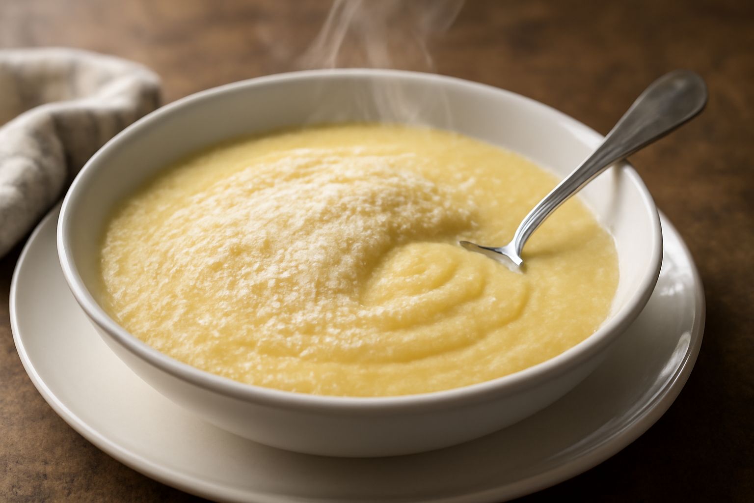 Zuppa di semola in ciotola bianca, cremosa e gialla, con una nuvola di parmigiano grattugiato in cima, cucchiaio immerso, filo di olio di oliva