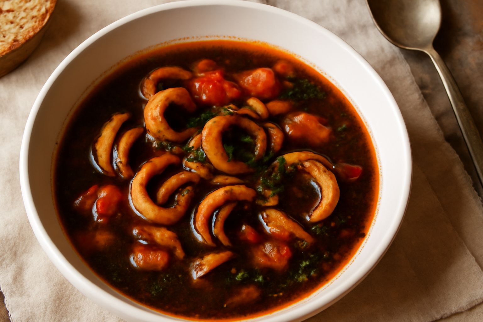 Zuppa di seppia in ciotola bianca profonda, con pezzi di seppia scura immersi in brodo rosso-marrone, guarnita con prezzemolo verde e servita con fette di pane tostato a lato
