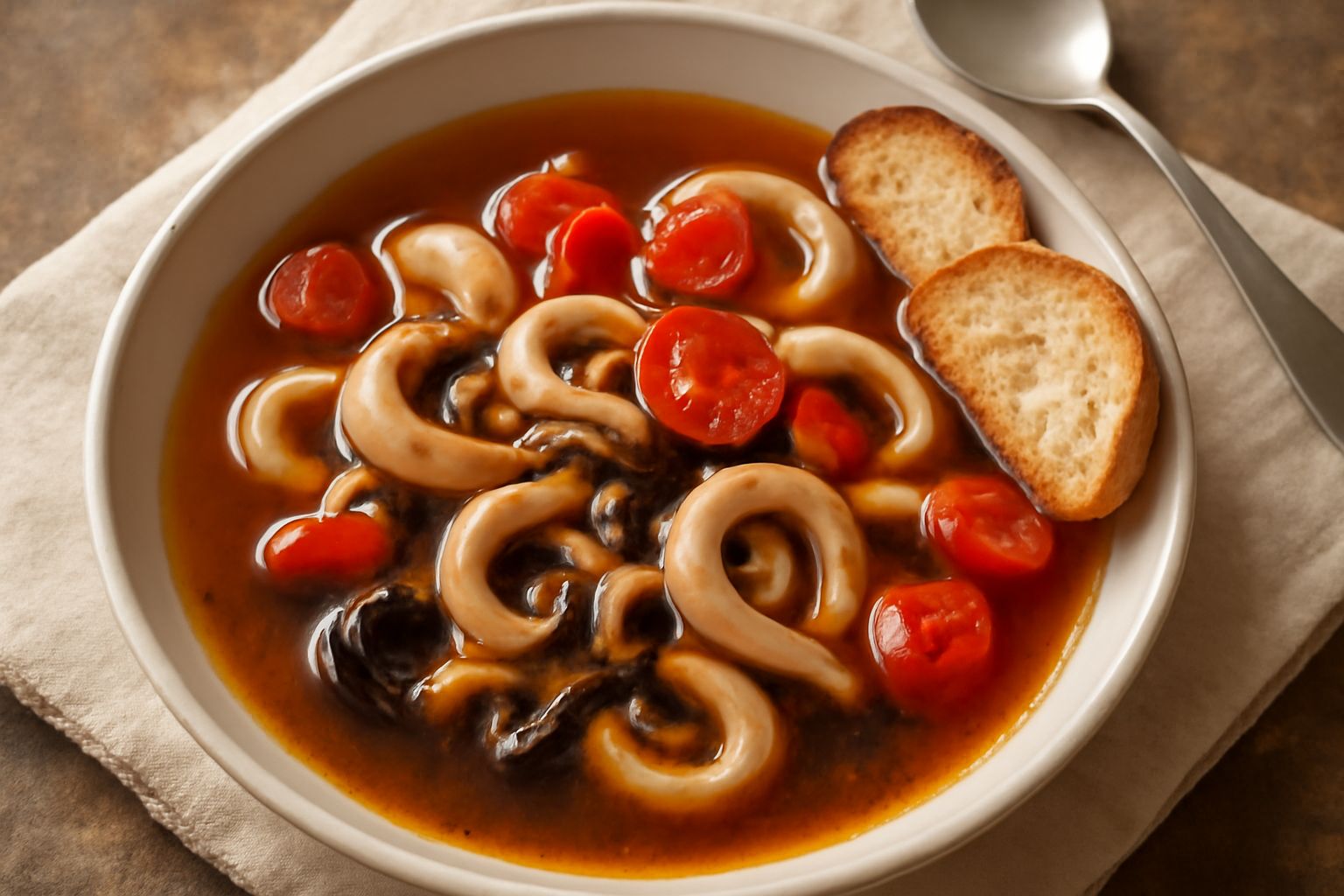 Zuppa di seppie in una ciotola bianca: brodo trasparente color ambra, pezzi di seppia tenerissima, pomodorini rossi, prezzemolo fresco verde, fettine di pane tostato ai bordi