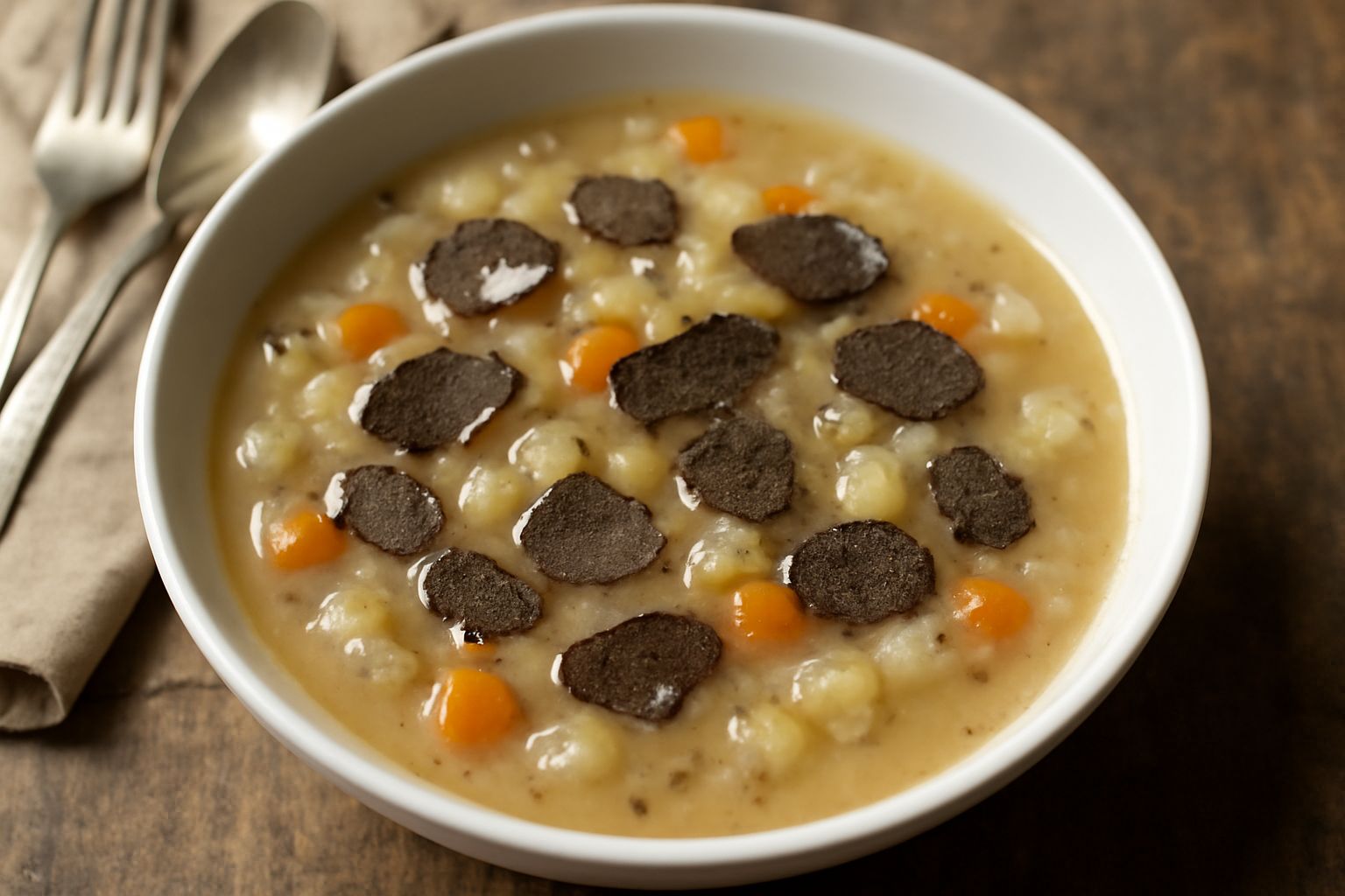 Zuppa di tartufi in ciotola bianca, con brodo fumante beige, pezzi di verdura visibili, una cascata di scaglie di tartufo nero lucide sulla superficie, decorazione di prezzemolo fresco verde e un cucc