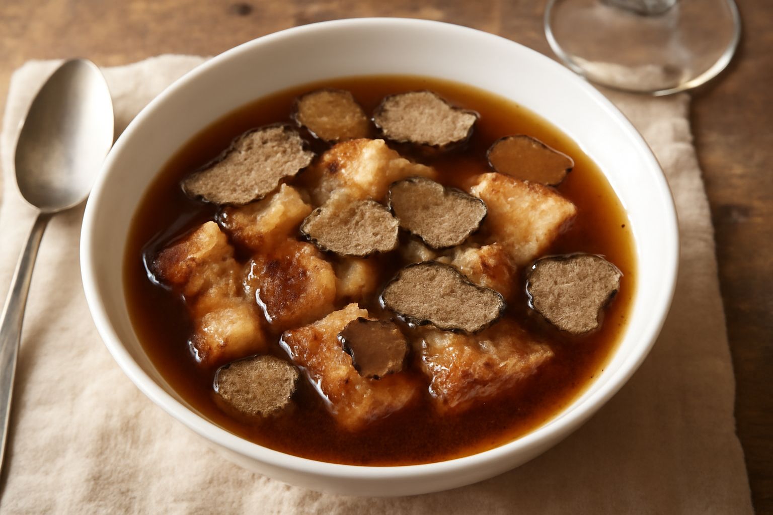 Zuppa di tartufo in ciotola di ceramica bianca, brodo trasparente color ambra con fette di pane tostato giallo dorato sminuzzate, lamelle di tartufo nero brillante in superficie, cucchiaio di legno ap