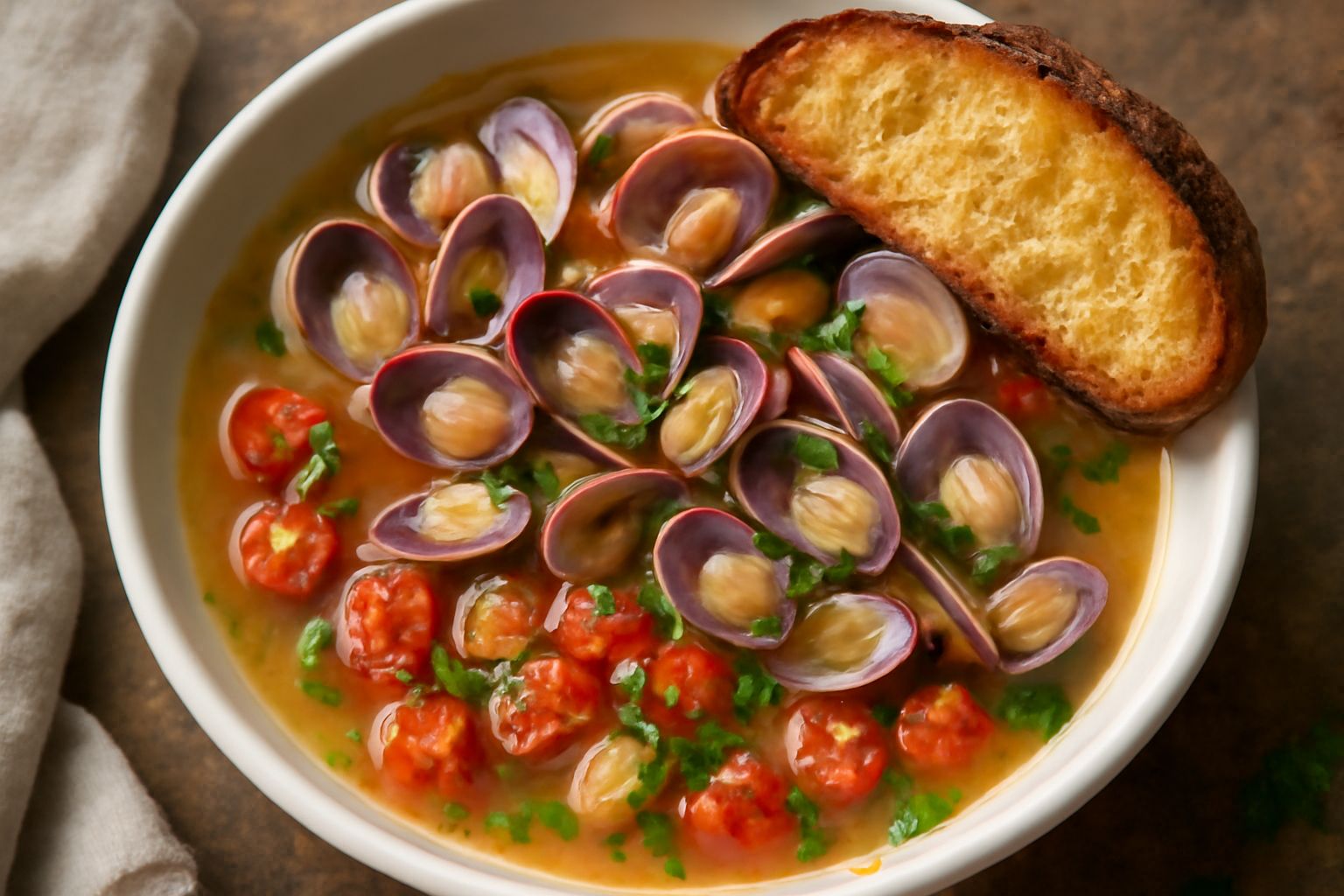 Zuppa di telline in ciotola bianca con gusci aperti rosso-violetti, brodo trasparente e fragrante con pomodoro fresco, aglio e prezzemolo verde, pane tostato accanto