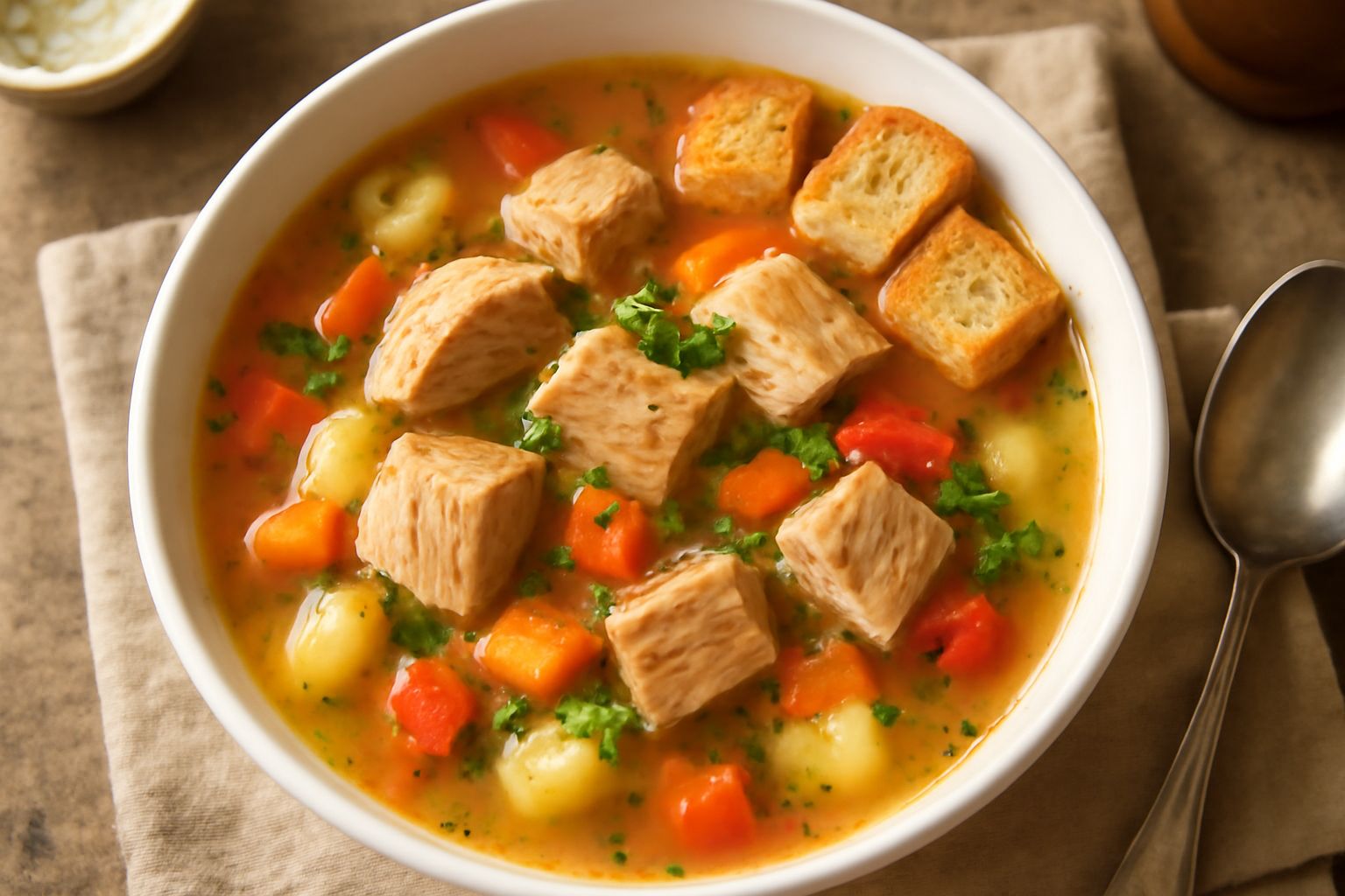 Zuppa di tonno in una ciotola di ceramica bianca, con brodo dorato, pezzi di tonno visibili, pomodori rossi, prezzemolo verde sparso in superficie, servita su un tavolo di legno con un cucchiaio accan