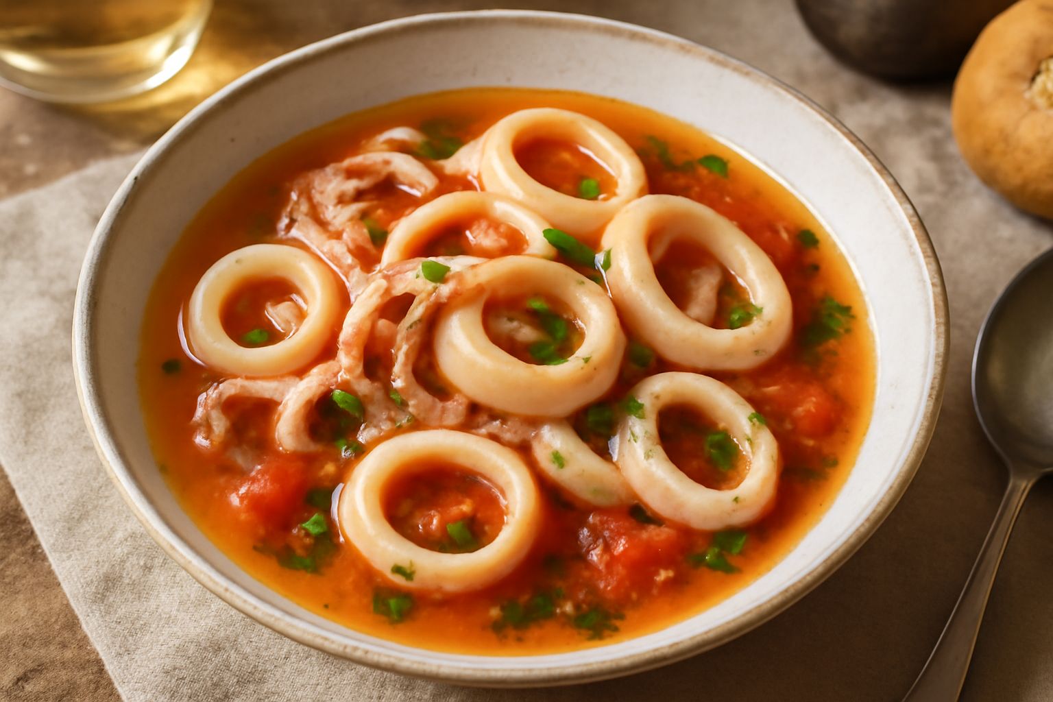 Una ciotola di porcellana bianca piena di zuppa di totani, con anelli di cefalopode opaco in un brodo rosato, pezzetti di pomodoro, gambi di prezzemolo verde fresco e gocce di olio d'oliva oro.