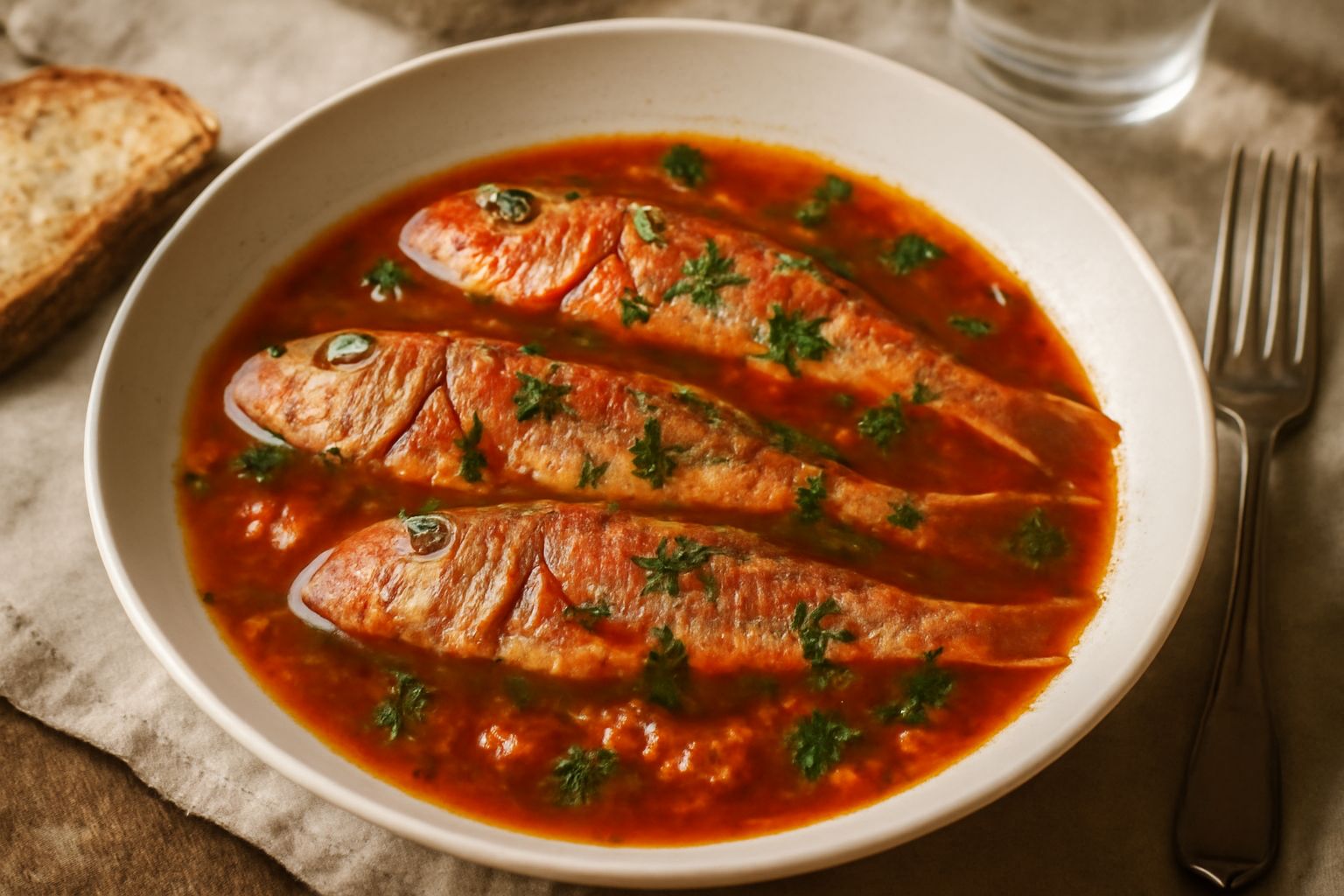 Zuppa di triglie in ciotola bionda di ceramica, brodo rosso acceso con triglie intere, fette di pane tostato sul bordo, prezzemolo fresco tritato in superficie, servita su tavolo bianco