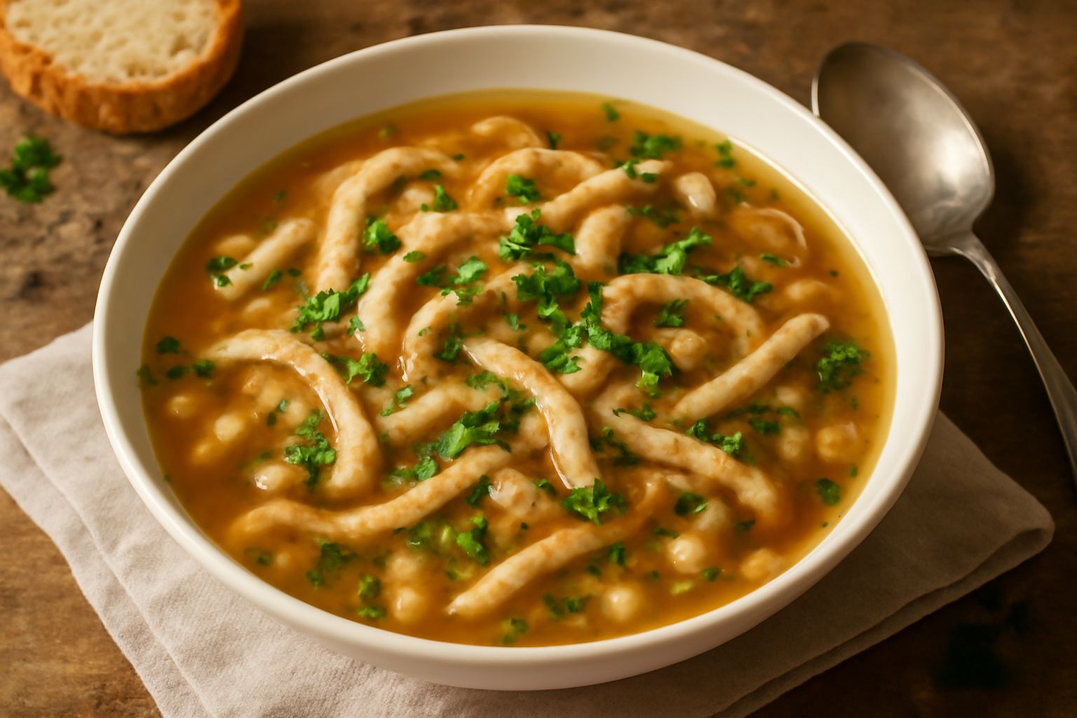 Zuppa di trippa in una ciotola bianca fonda, il brodo trasparente color ambra con strisce sottili di trippa cotta, cipolle dorate e sedano, con una spruzzata di prezzemolo fresco verde scuro in superf