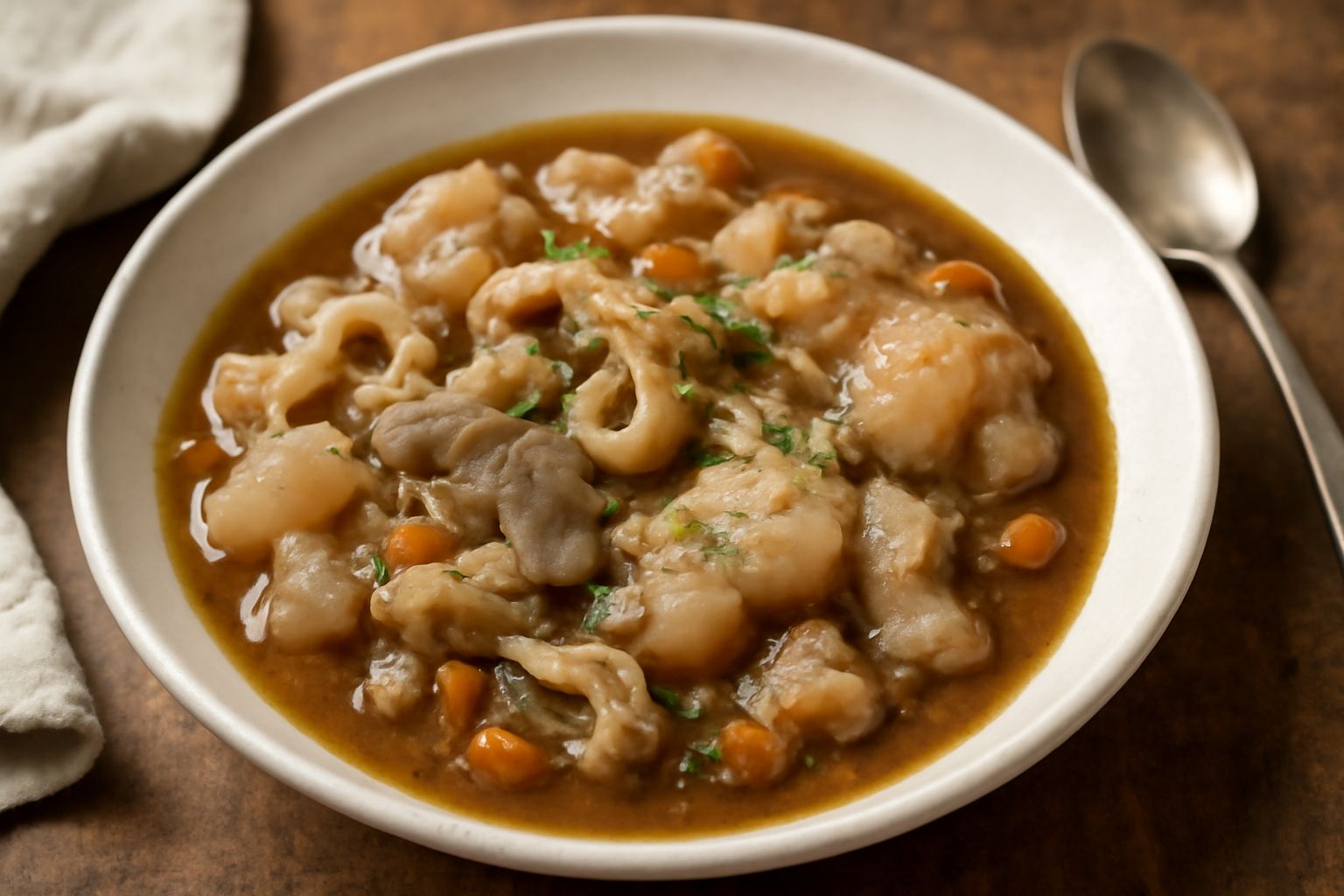Zuppa di trippa e piedi in una terrina di ceramica bianca, con brodo scuro che contiene pezzi visibili di trippa, zampa di vitello disossata e verdure, guarnita con prezzemolo fresco tritato, servita 