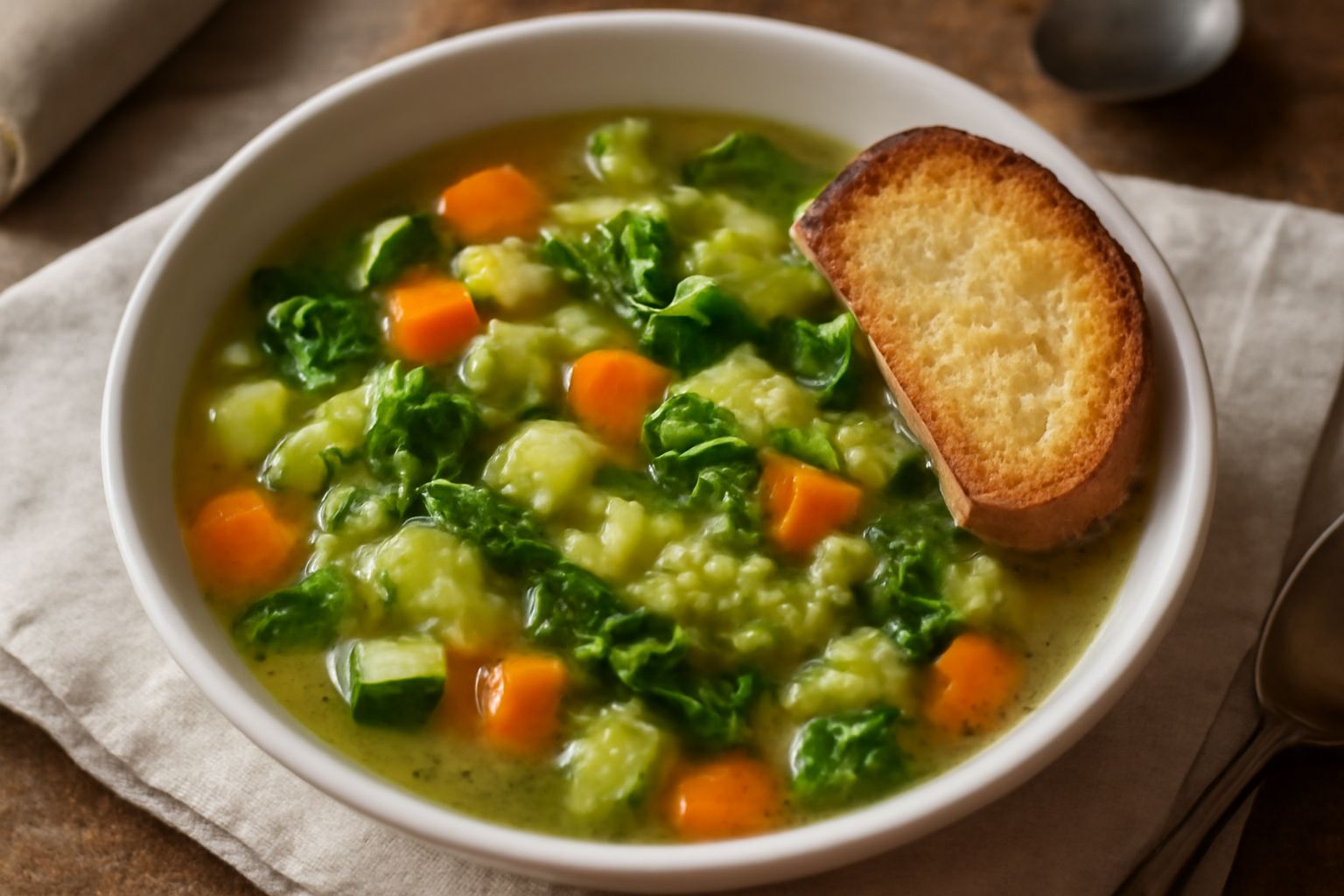Zuppa di verdure di campo in una ciotola bianca fonda: brodo trasparente ambrato, pezzetti di zucchina, carota, sedano e cavolo visibili, fette di pane tostato ai bordi, una spruzzata di prezzemolo fr