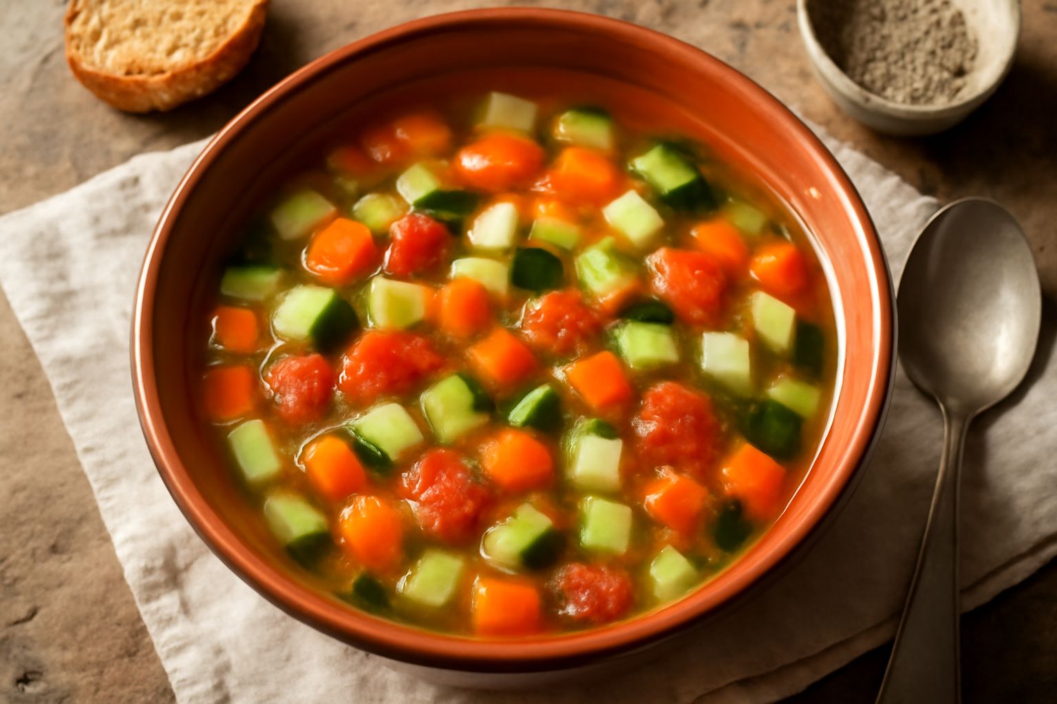 Zuppa di verdure fumante in ciotola di ceramica beige, con carote arancioni tagliate a dadini, zucchina verde, pomodori rossi e sedano, brodo trasparente ambrato, fette di pane tostato sul bordo, cucc