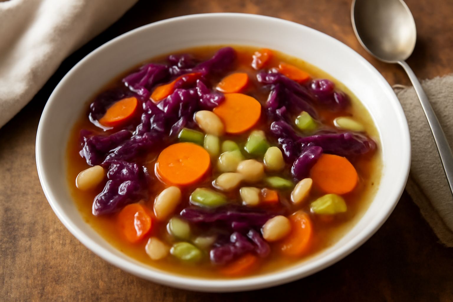 Ciotola di ceramica bianca riempita di zuppa di verdure d'inverno con cavolo rosso tagliato, carote arancioni, sedano verde e fagioli bianchi immersi in brodo trasparente, guarnita con prezzemolo fres