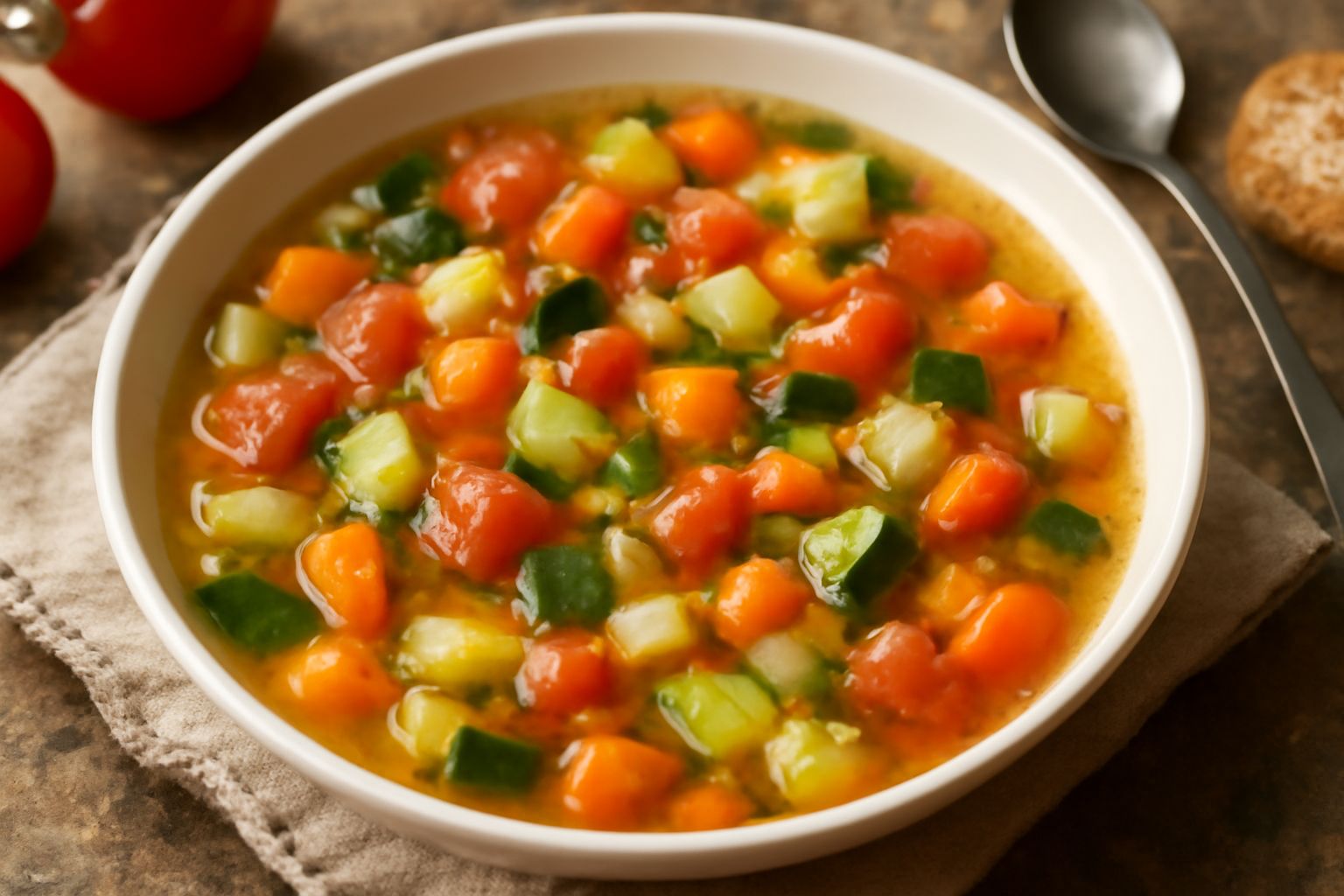 Zuppa di verdure in una ciotola bianca, con pezzi di carota arancione, zucchina verde, pomodoro rosso, sedano e cipolla in brodo limpido. Una cucchiaiata di olio d'oliva verde sulla superficie. Fette 
