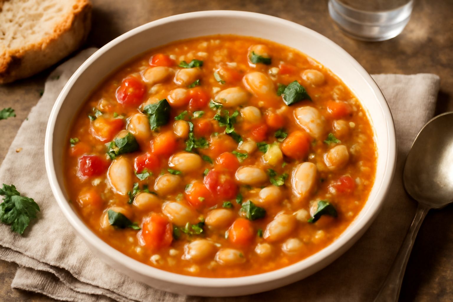 Zuppa densa di verdure rosse, gialle e verdi con fagioli e lenticchie visibili in ciotola di ceramica bianca, guarnita con prezzemolo verde e filo d'olio extravergine