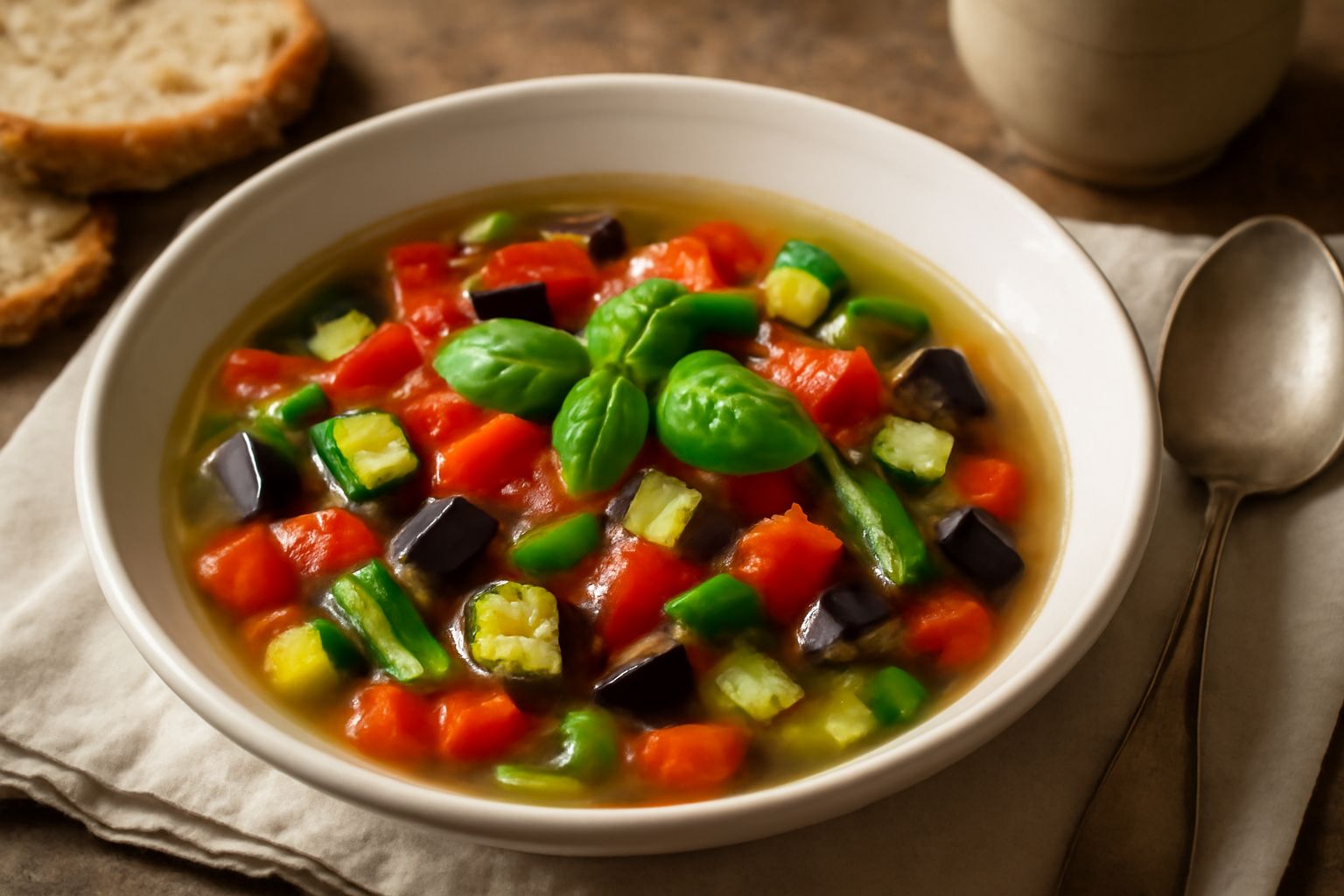 Zuppa di verdure estive in piatto fondo bianco: dadi di zucchine verdi, pomodori rossi, melanzane viola scuro, fagiolini interi, brodo trasparente con olio di oliva versato sopra