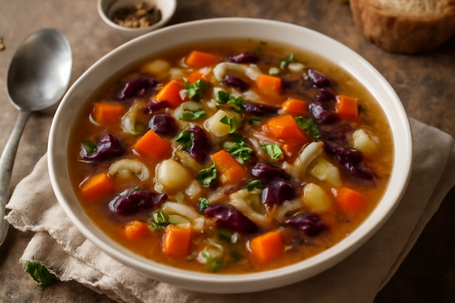 Zuppa di verdure in una ciotola di ceramica bianca, con cavolo rosso e bianco visibile, carote arancioni tagliate a dadini, sedano verde, rivestita da brodo trasparente, guarnita con un filo di olio e