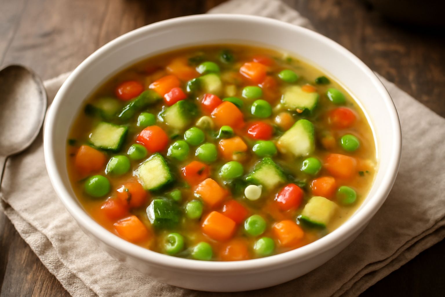 Zuppa di verdure in ciotola bianca con carote arancioni, zucchine verdi, pomodori rossi, piselli e sedano visibili nel brodo trasparente; cucchiaio di legno poggiato sul bordo, pane tostato accanto