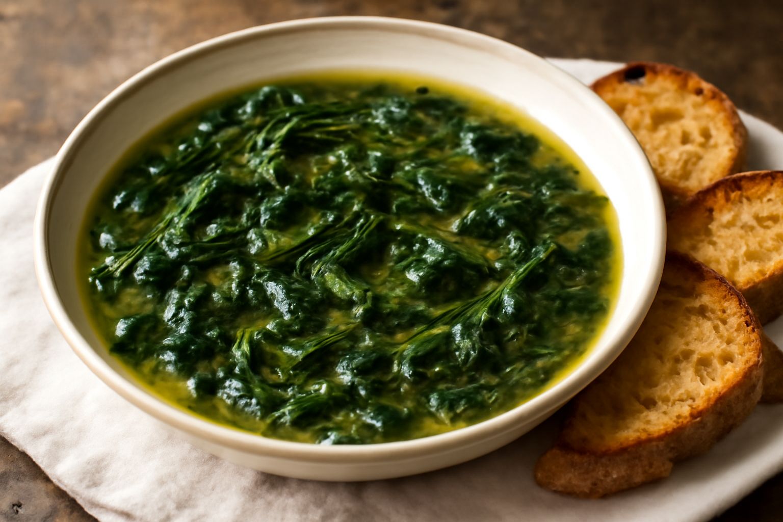 Zuppa di verdure selvatiche in ciotola bianca con fette di pane tostato, visibili foglie verdi di cicoria e tarassaco, brodo dorato fumante, condimento di olio extravergine e pepe nero