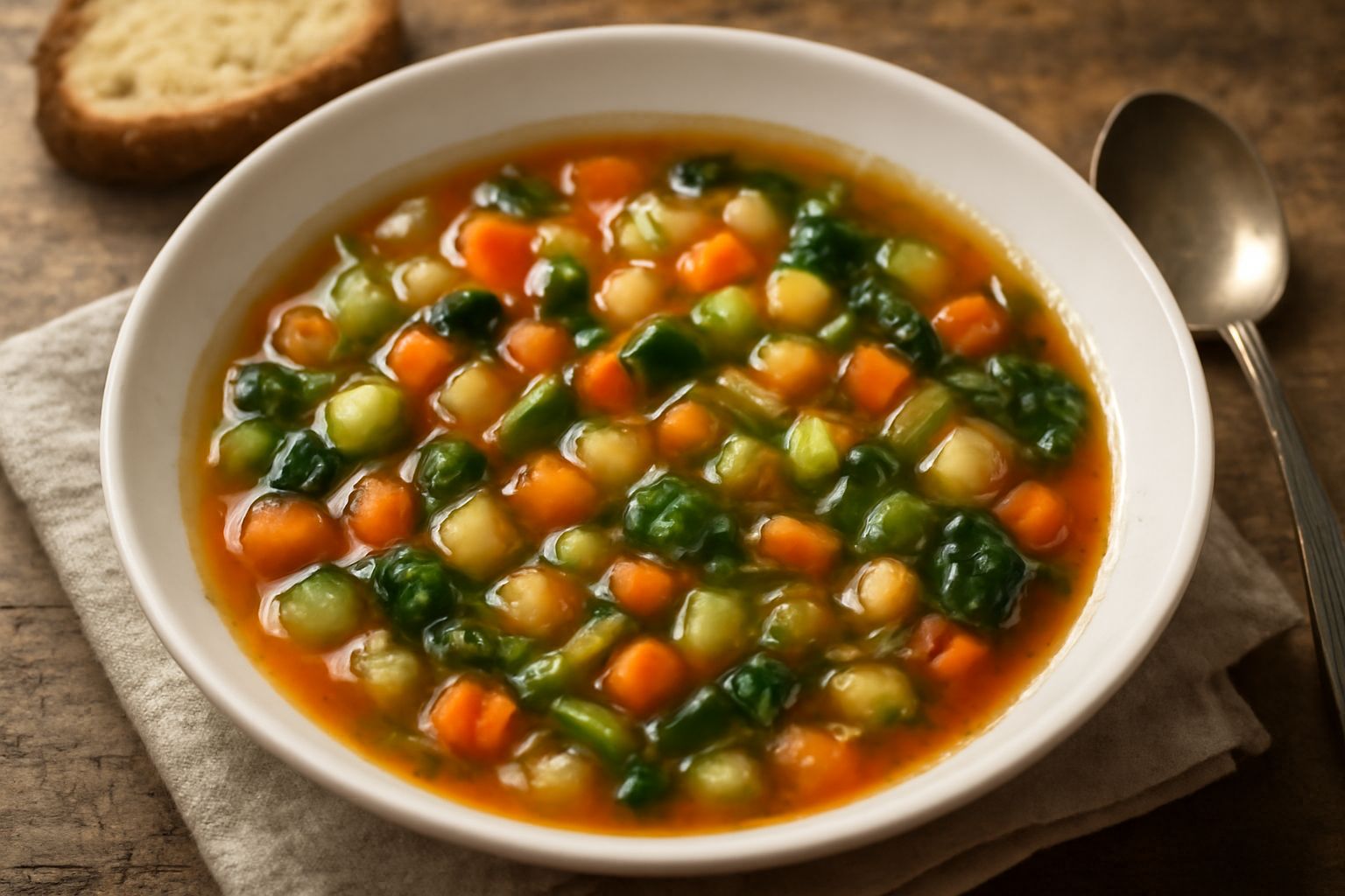 Una ciotola di zuppa di verdure con passata di pomodoro rosso, verdure tagliate a pezzi, brodo chiaro trasparente. Superficialmente visibili pezzi di carota, zucchina, sedano. Servita in ciotola bianc