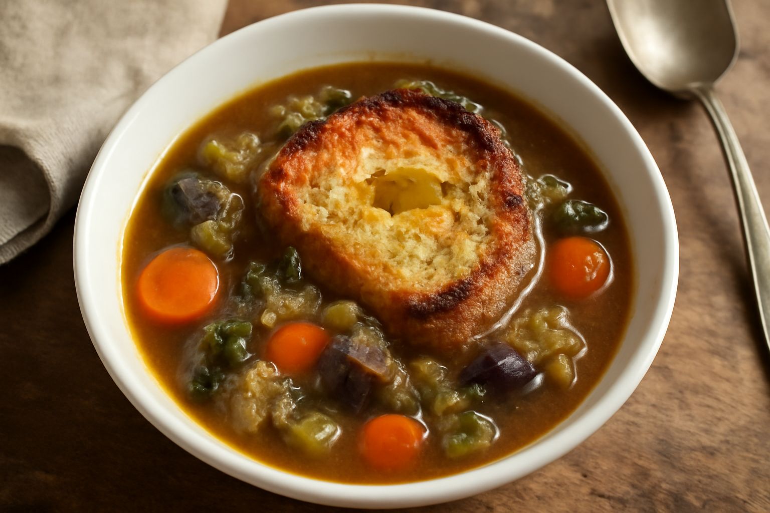 Zuppa di verdure con carote, cavolo e sedano in brodo caldo, con pezzi di pane tostato croccante galleggiare in superficie, rosmarino fresco e un filo d'olio verde in un piatto bianco fondo