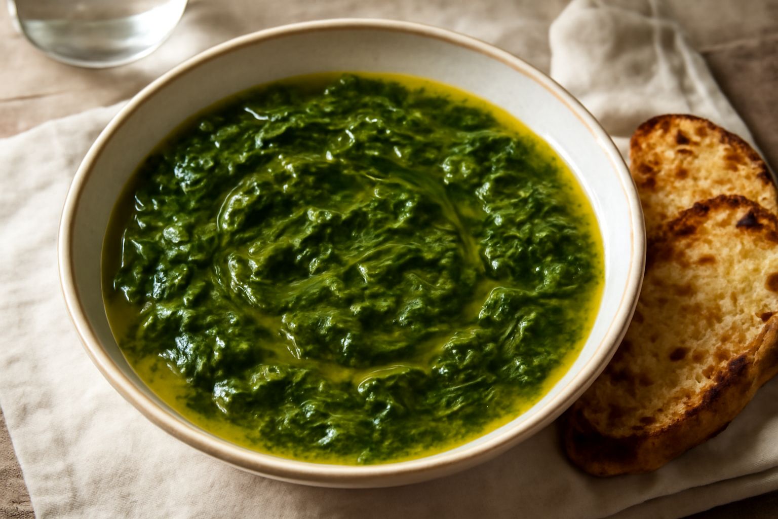 Zuppa di verdure selvatiche in una ciotola di ceramica: brodo trasparente color ambra con frammenti di verdure verde scuro e grigio, cucchiaio di legno appoggiato al bordo, fette di pane tostato nel s