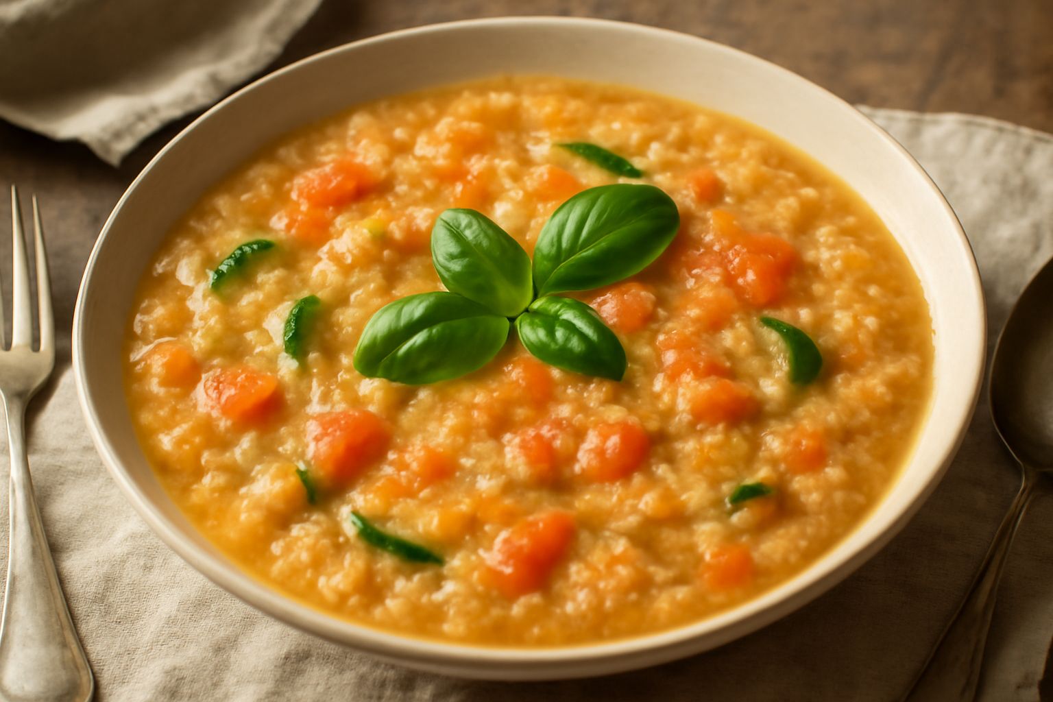 Una zuppa densa e cremosa in una ciotola bianca, con pezzi visibili di zucchina, carota e pomodoro, bagnati da un brodo dorato, guarnita con olio di oliva crudo e basilico fresco