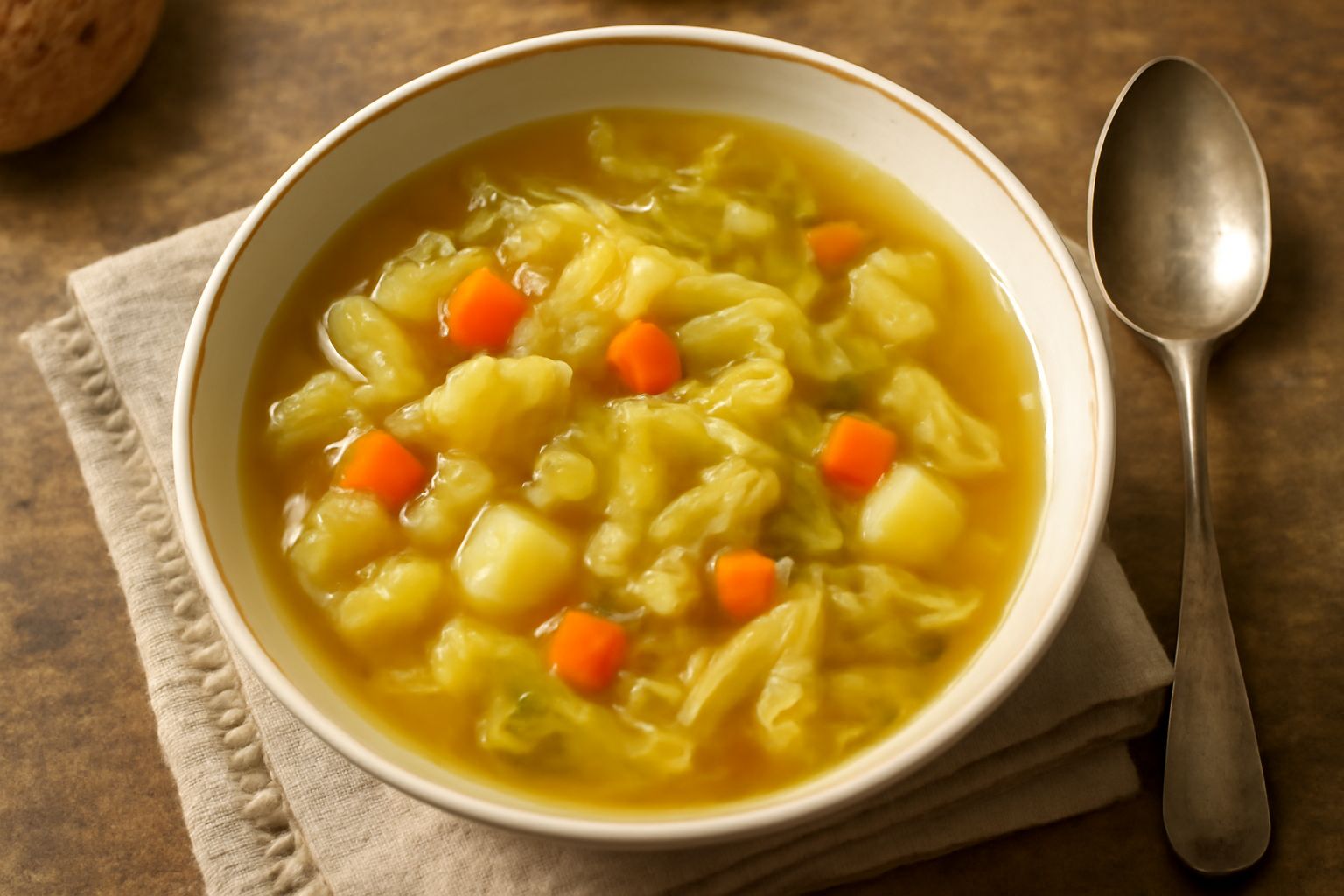 Zuppa di verza in ciotola di ceramica bianca, brodo trasparente con foglie di verza verde scuro, carote arancioni e fette di pane tostato ai bordi