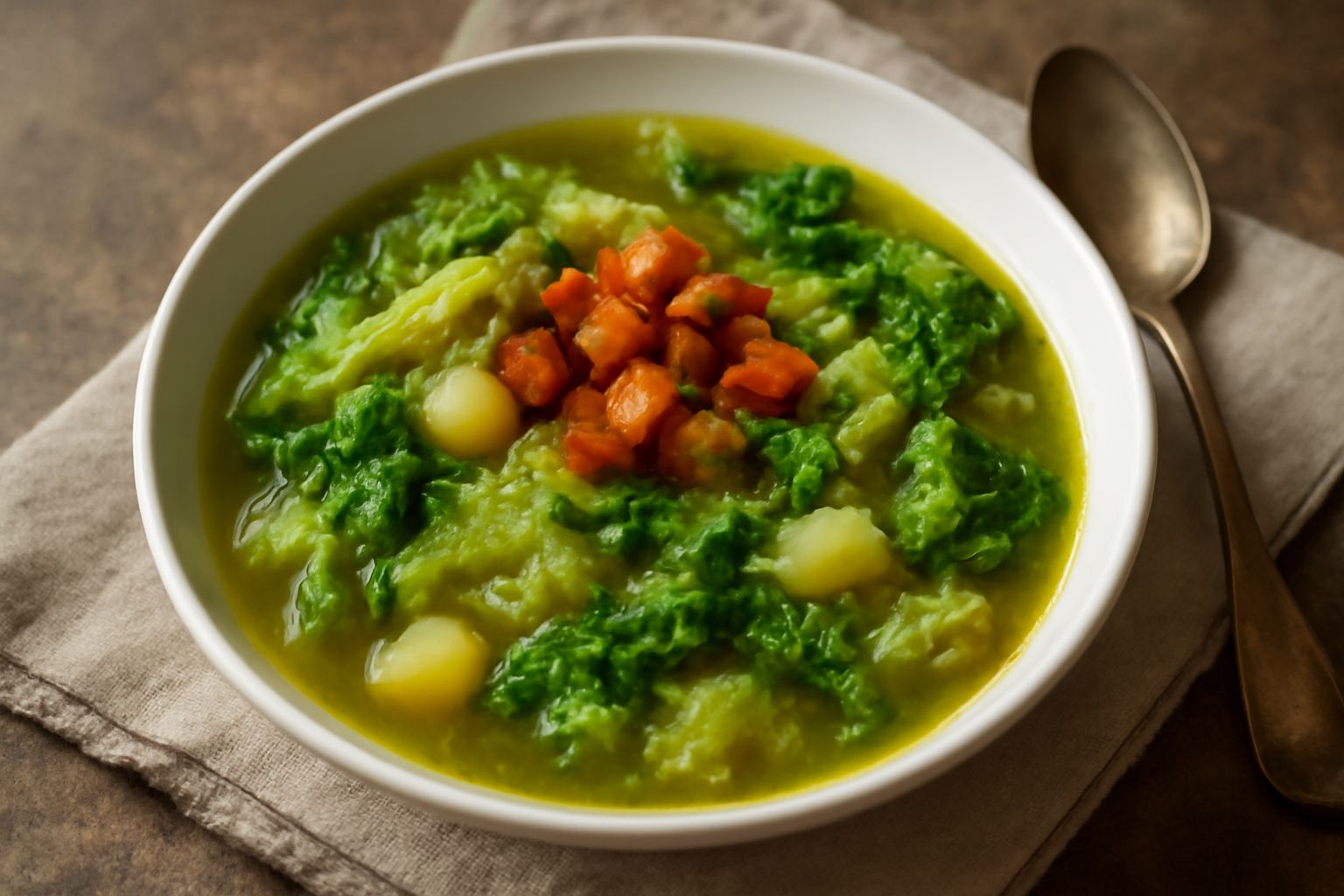 Zuppa di verza e patate in ciotola bianca, colore verde intenso della verza, pezzi di patata cremosa, brodo trasparente, cucchiaio in legno sul bordo, vapore leggero