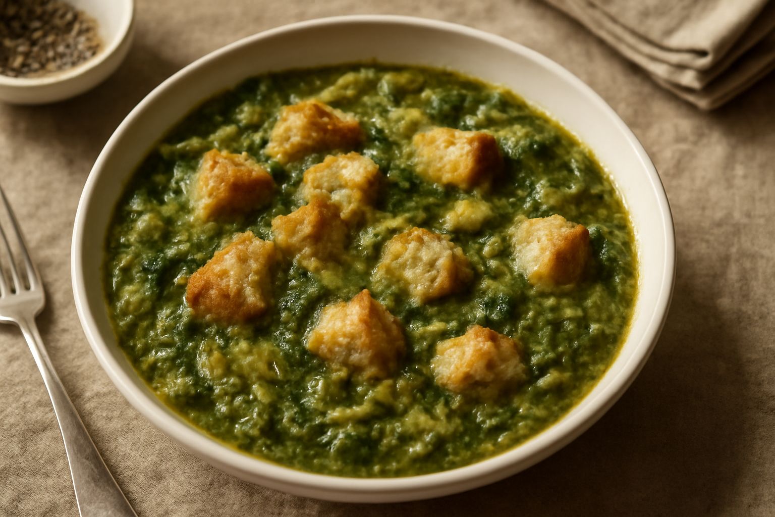 Una ciotola bianca con zuppa densa di verze sminuzzate verde scuro, pezzi di pane raffermo dorato immersi nel brodo, cilindrata di olio d'oliva in superficie, servita con cucchiaio di legno